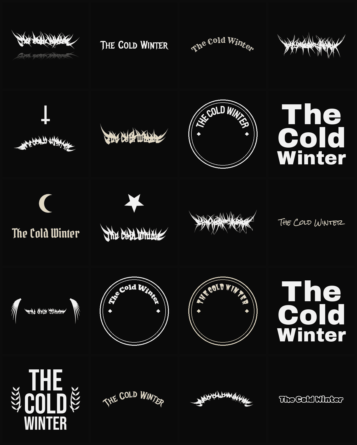 Twenty The Cold Winter band logo ideas — different faces, treatments and spike settings