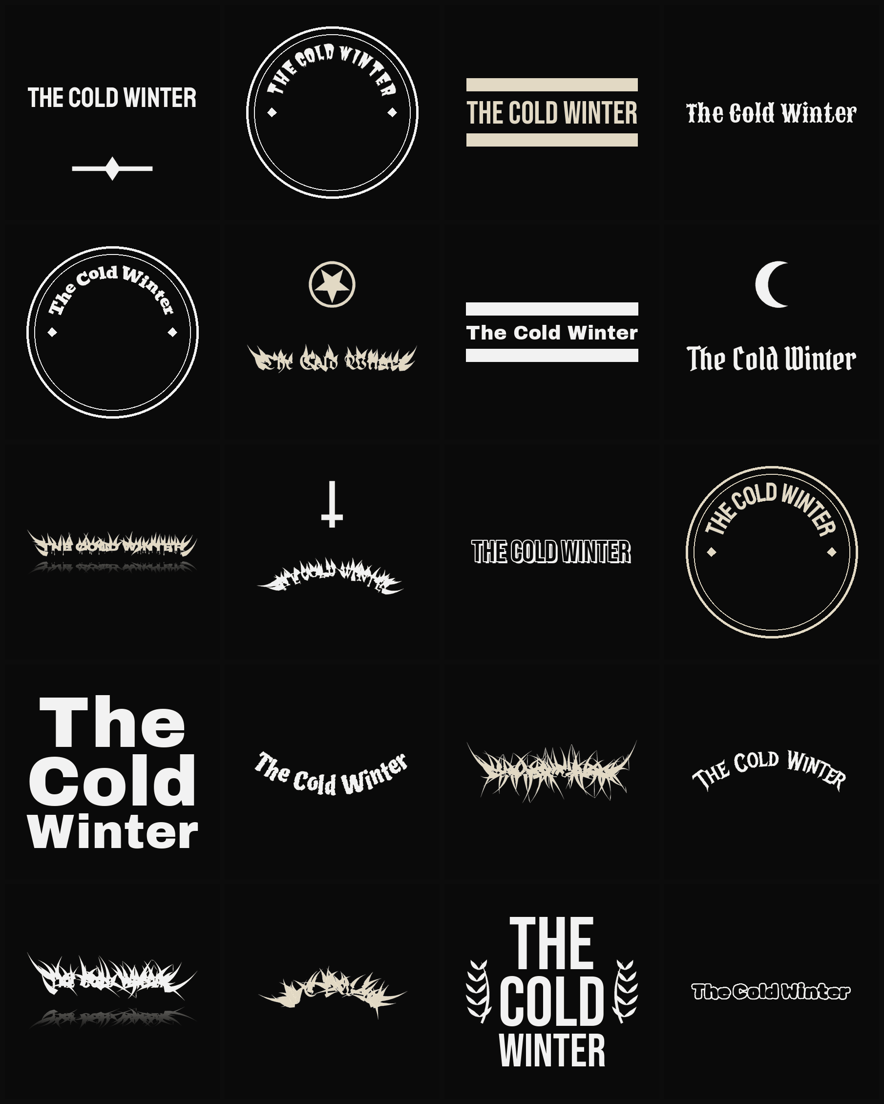 Twenty The Cold Winter band logo ideas — different faces, treatments and spike settings