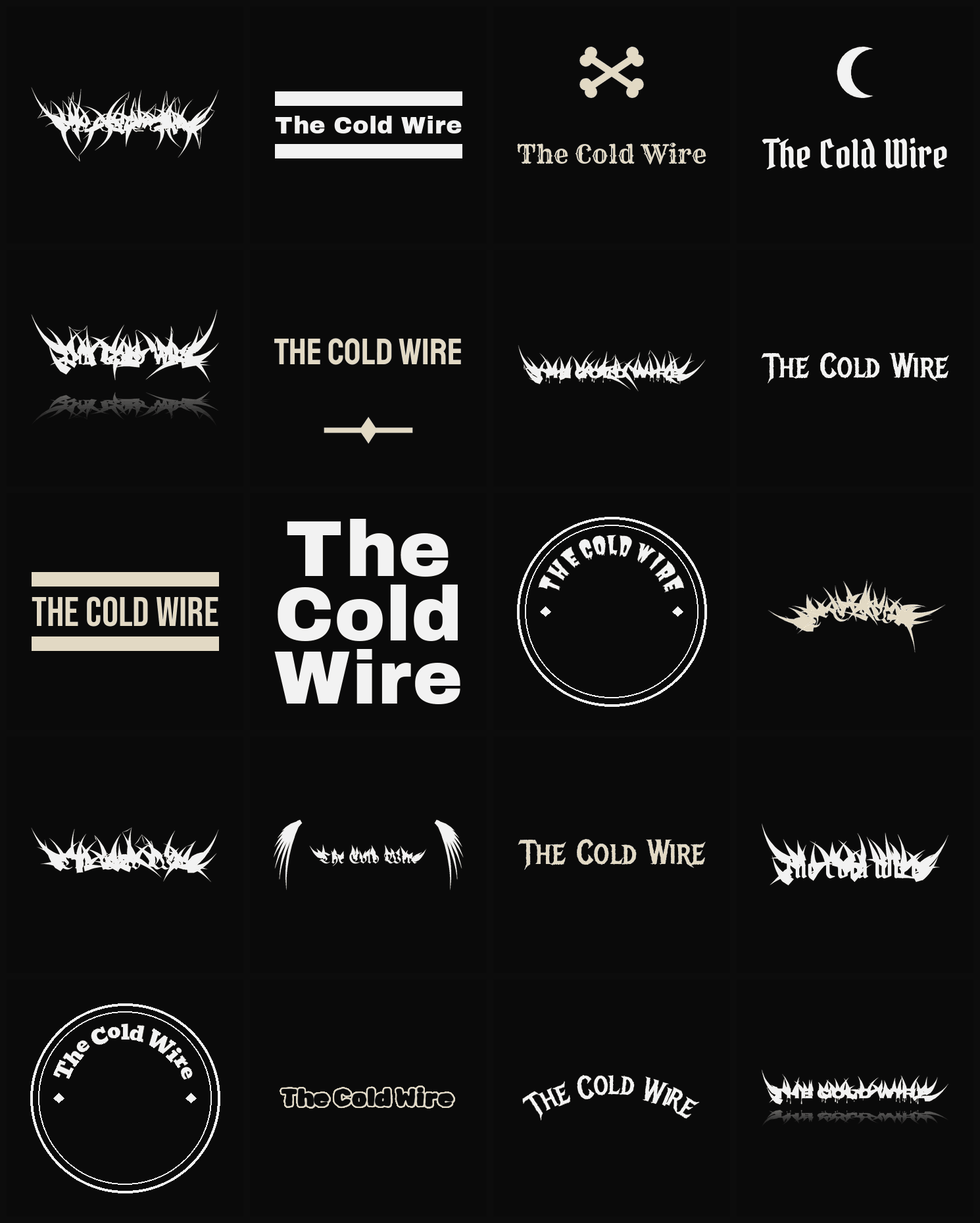 Twenty The Cold Wire band logo ideas — different faces, treatments and spike settings