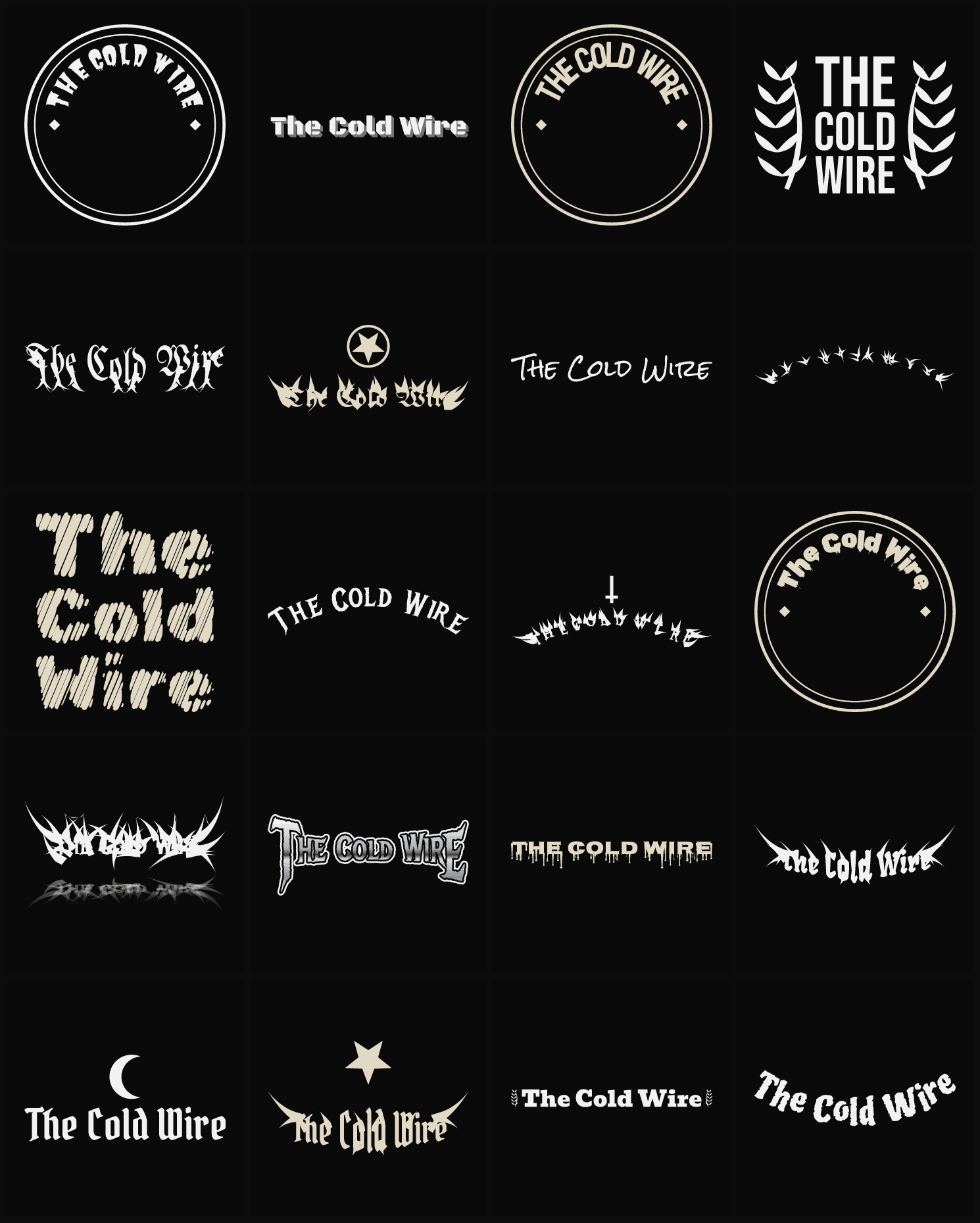 Twenty The Cold Wire band logo ideas — different faces, treatments and spike settings