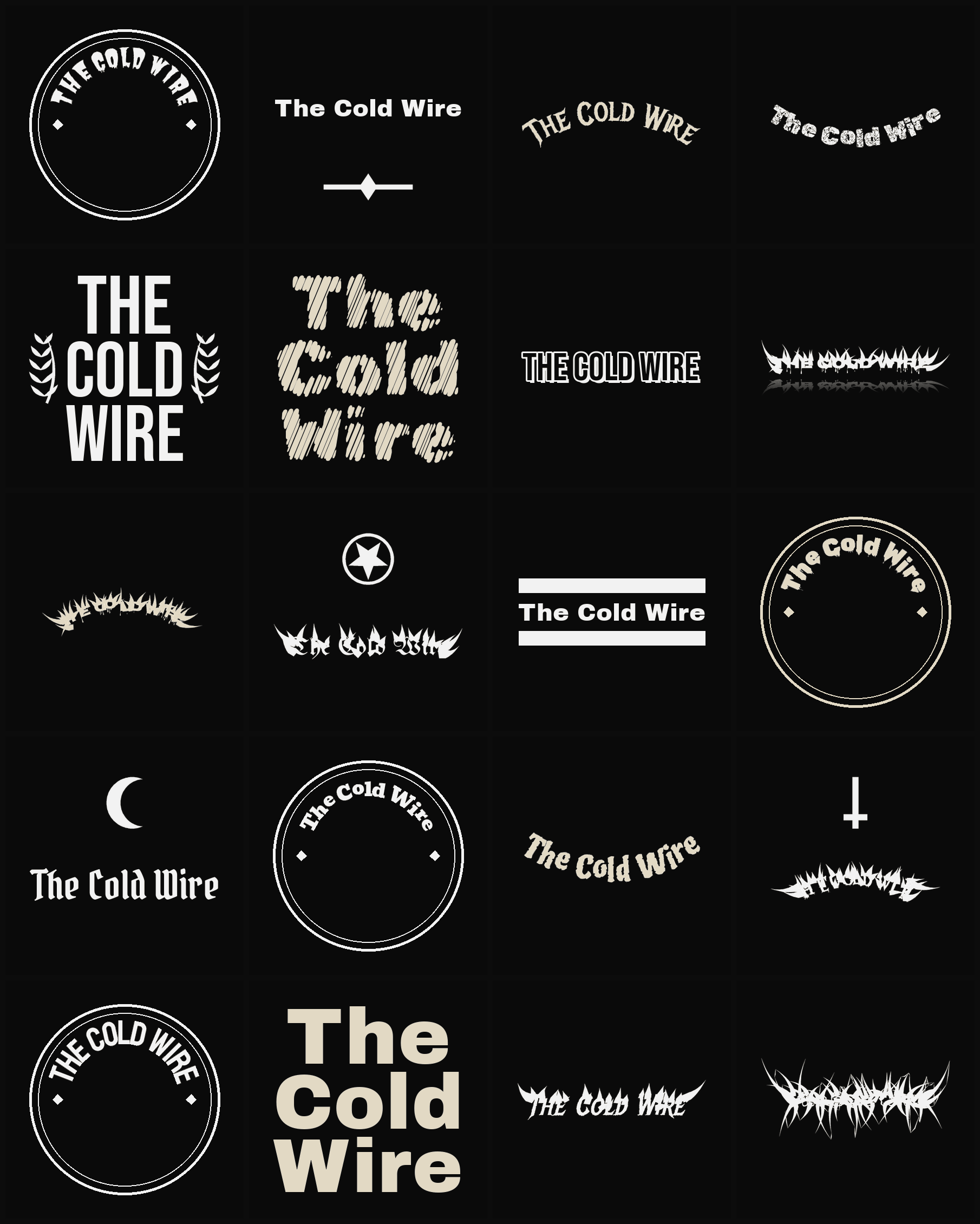 Twenty The Cold Wire band logo ideas — different faces, treatments and spike settings
