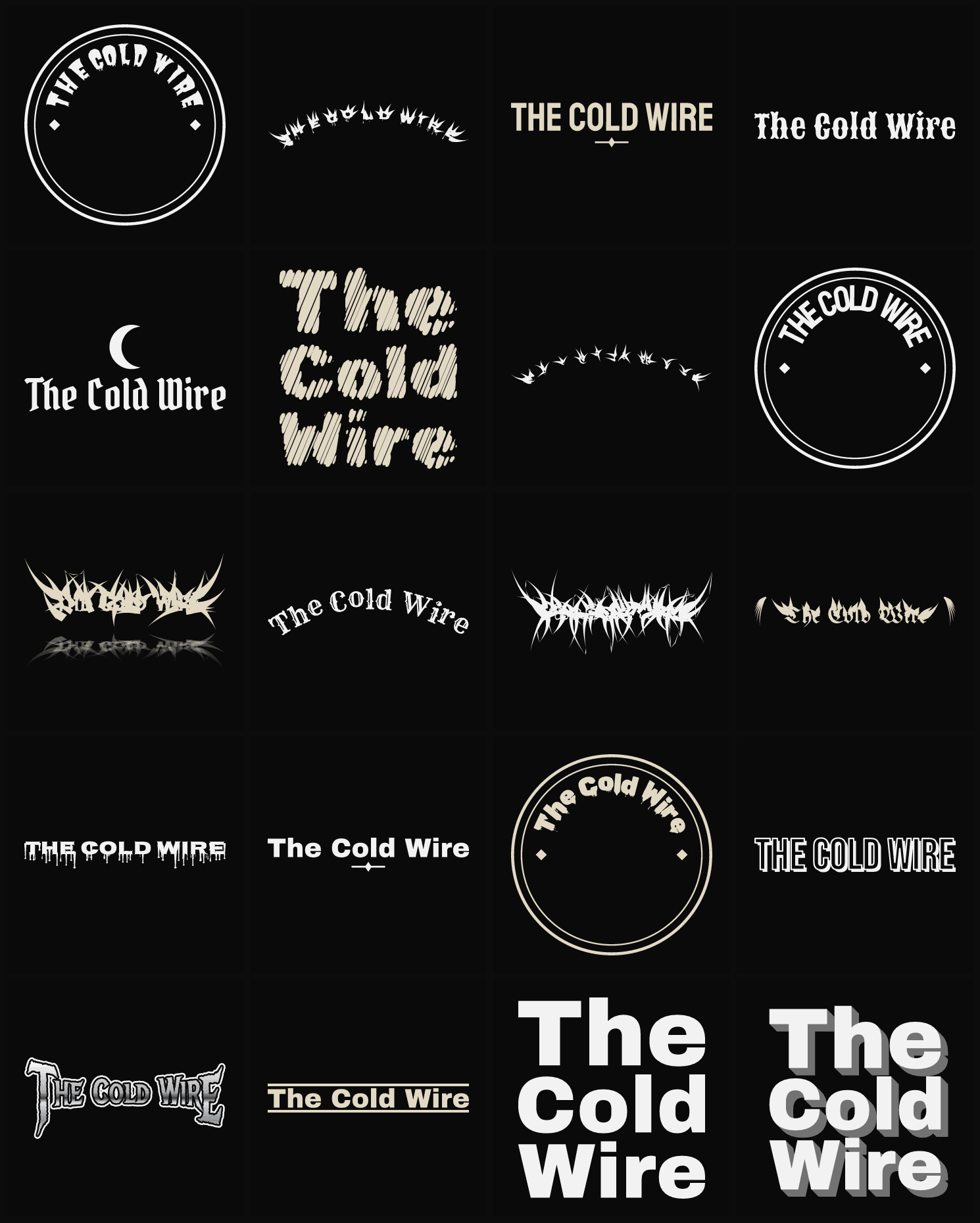 Twenty The Cold Wire band logo ideas — different faces, treatments and spike settings