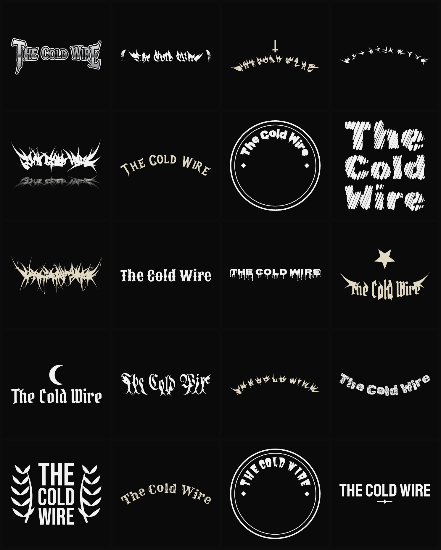 Twenty The Cold Wire band logo ideas — different faces, treatments and spike settings