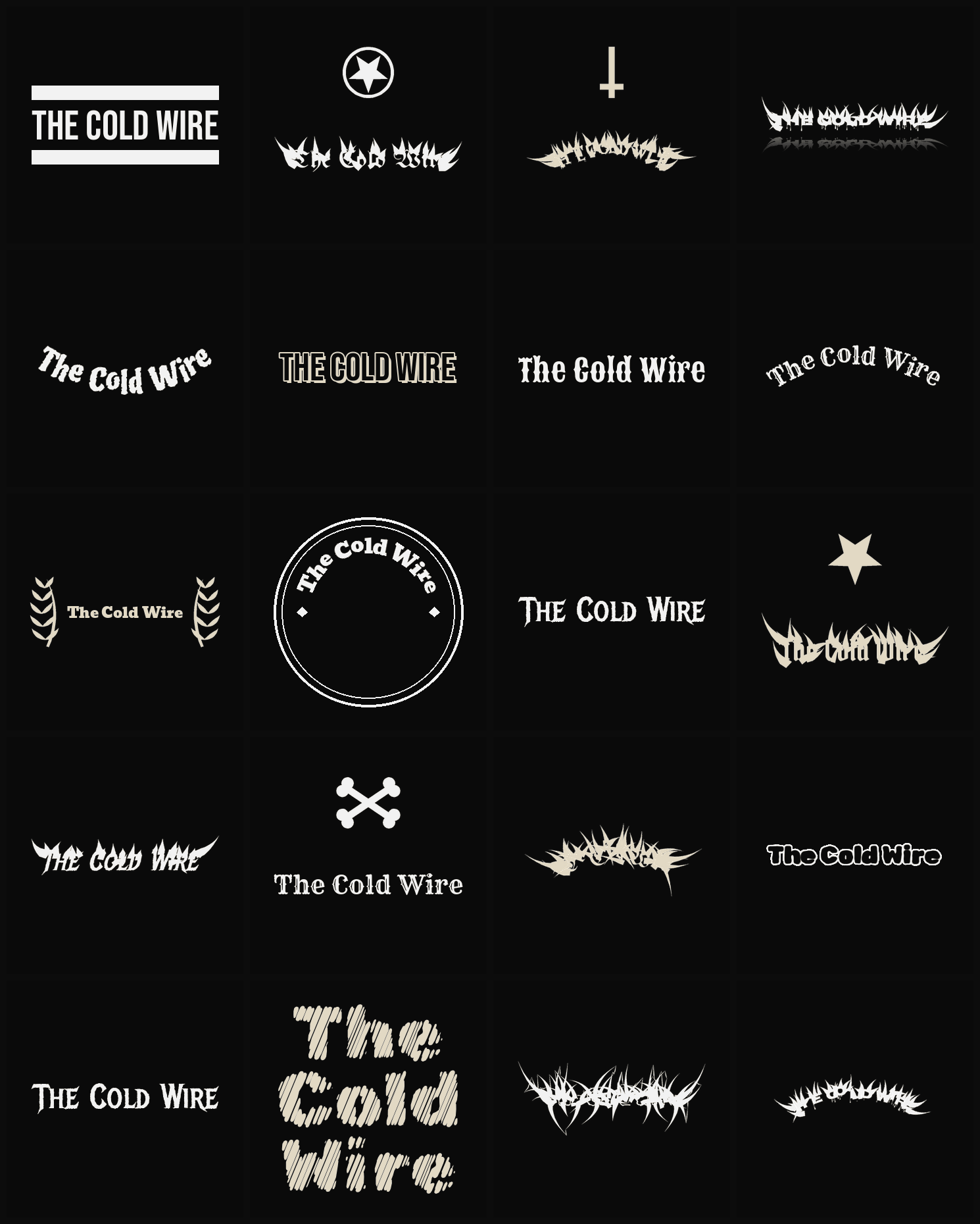 Twenty The Cold Wire band logo ideas — different faces, treatments and spike settings