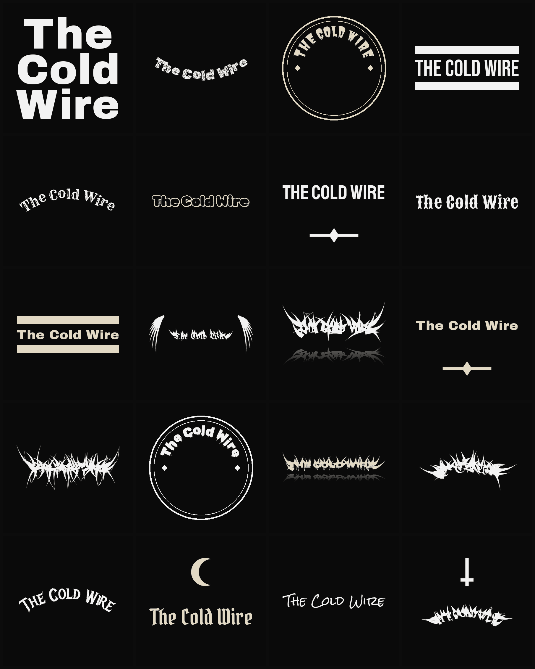 Twenty The Cold Wire band logo ideas — different faces, treatments and spike settings
