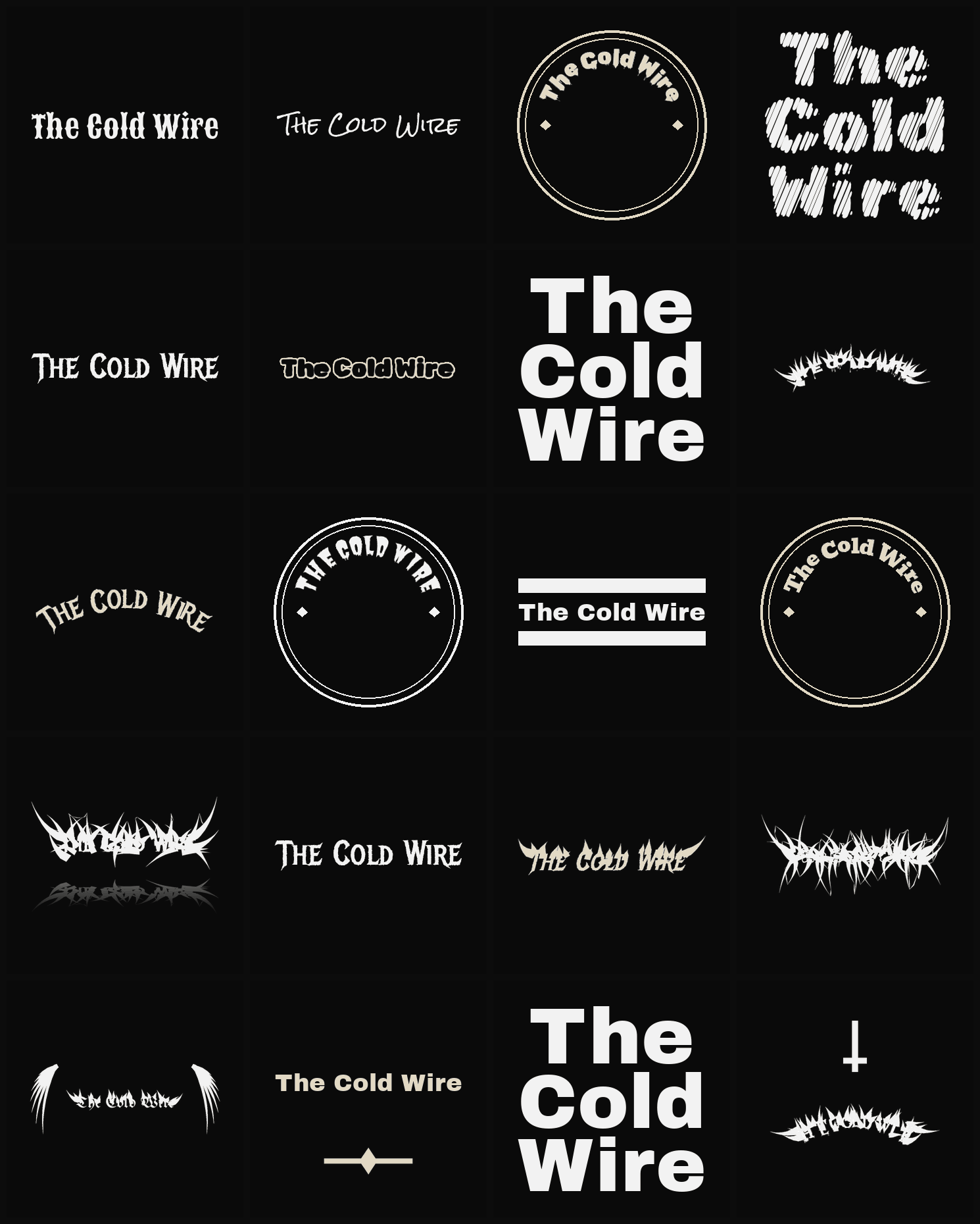 Twenty The Cold Wire band logo ideas — different faces, treatments and spike settings