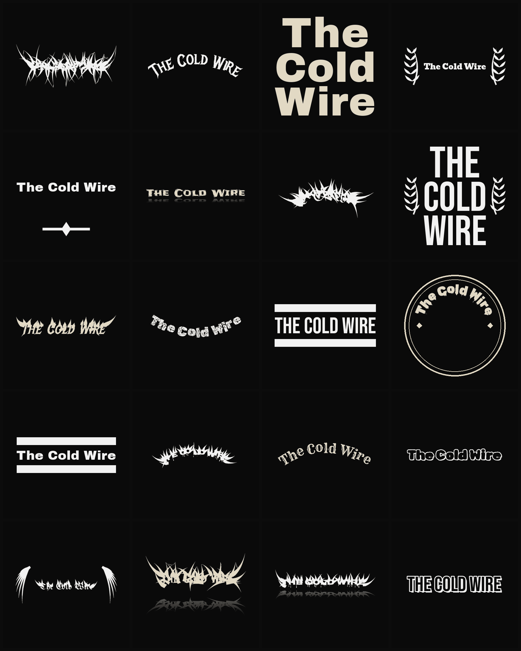 Twenty The Cold Wire band logo ideas — different faces, treatments and spike settings