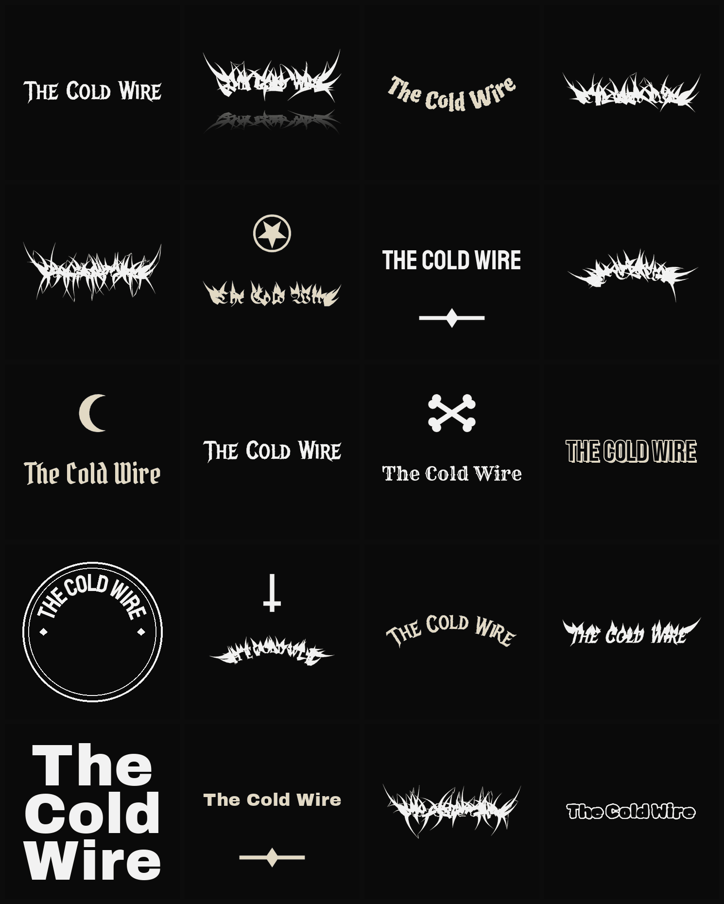 Twenty The Cold Wire band logo ideas — different faces, treatments and spike settings