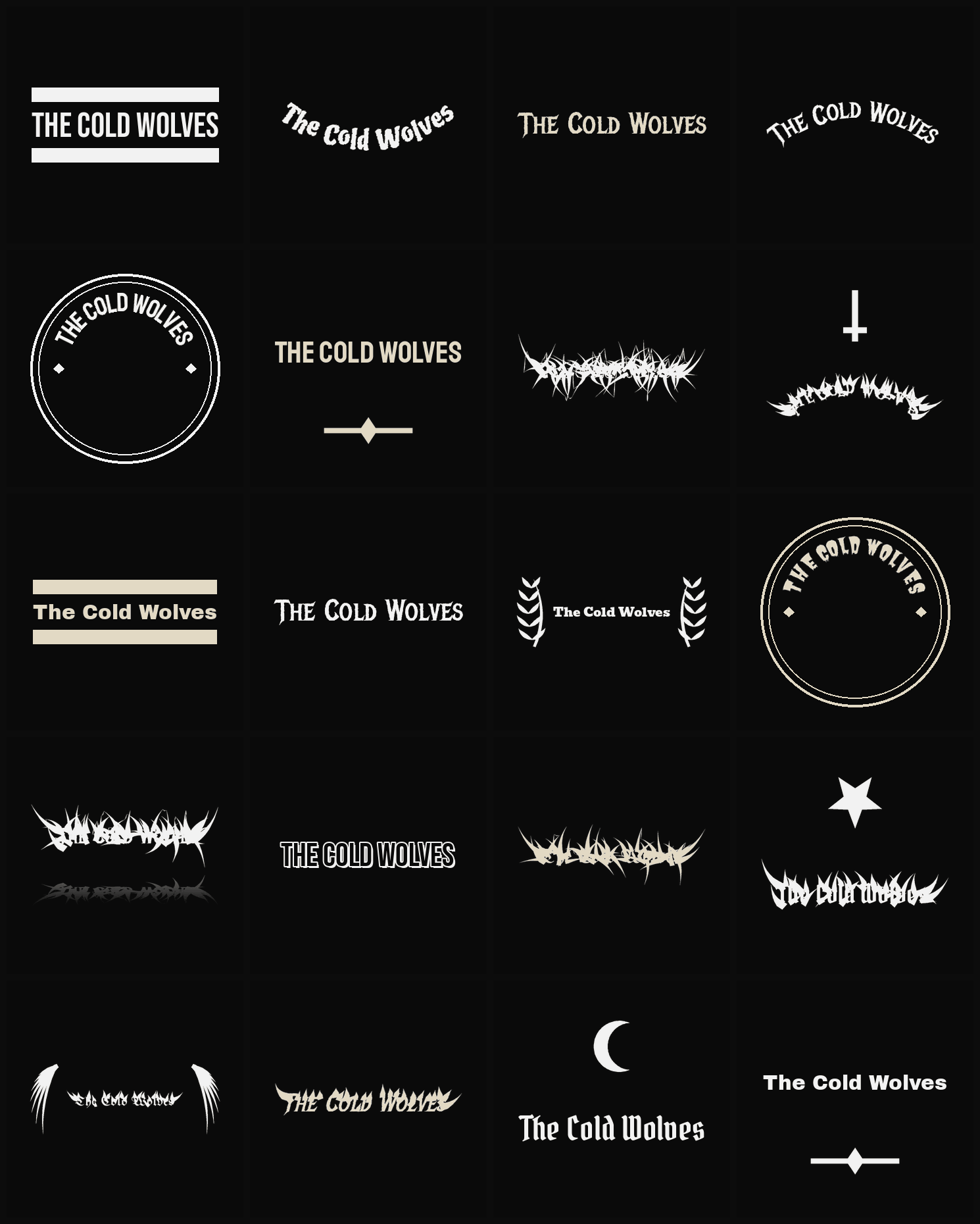 Twenty The Cold Wolves band logo ideas — different faces, treatments and spike settings