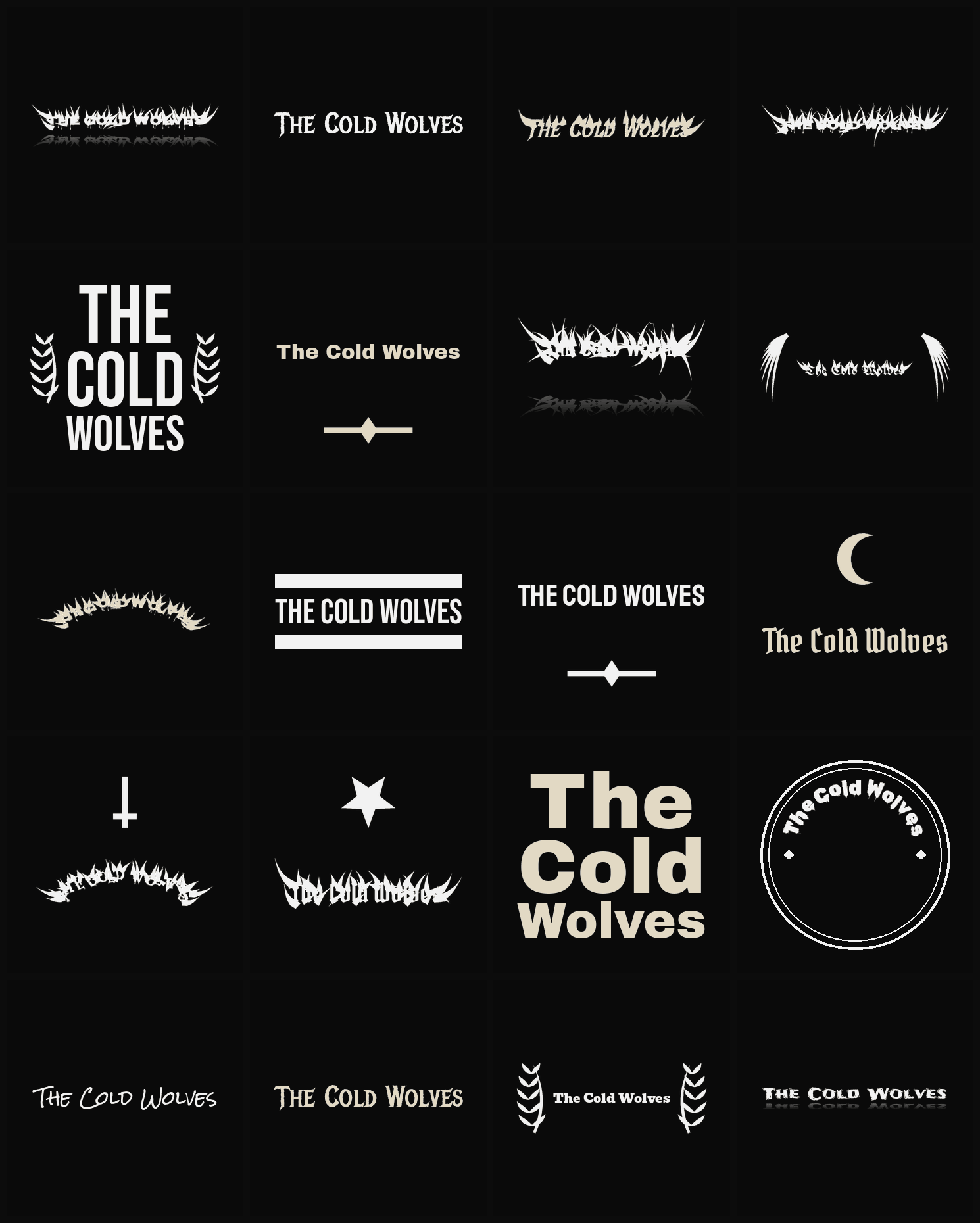 Twenty The Cold Wolves band logo ideas — different faces, treatments and spike settings