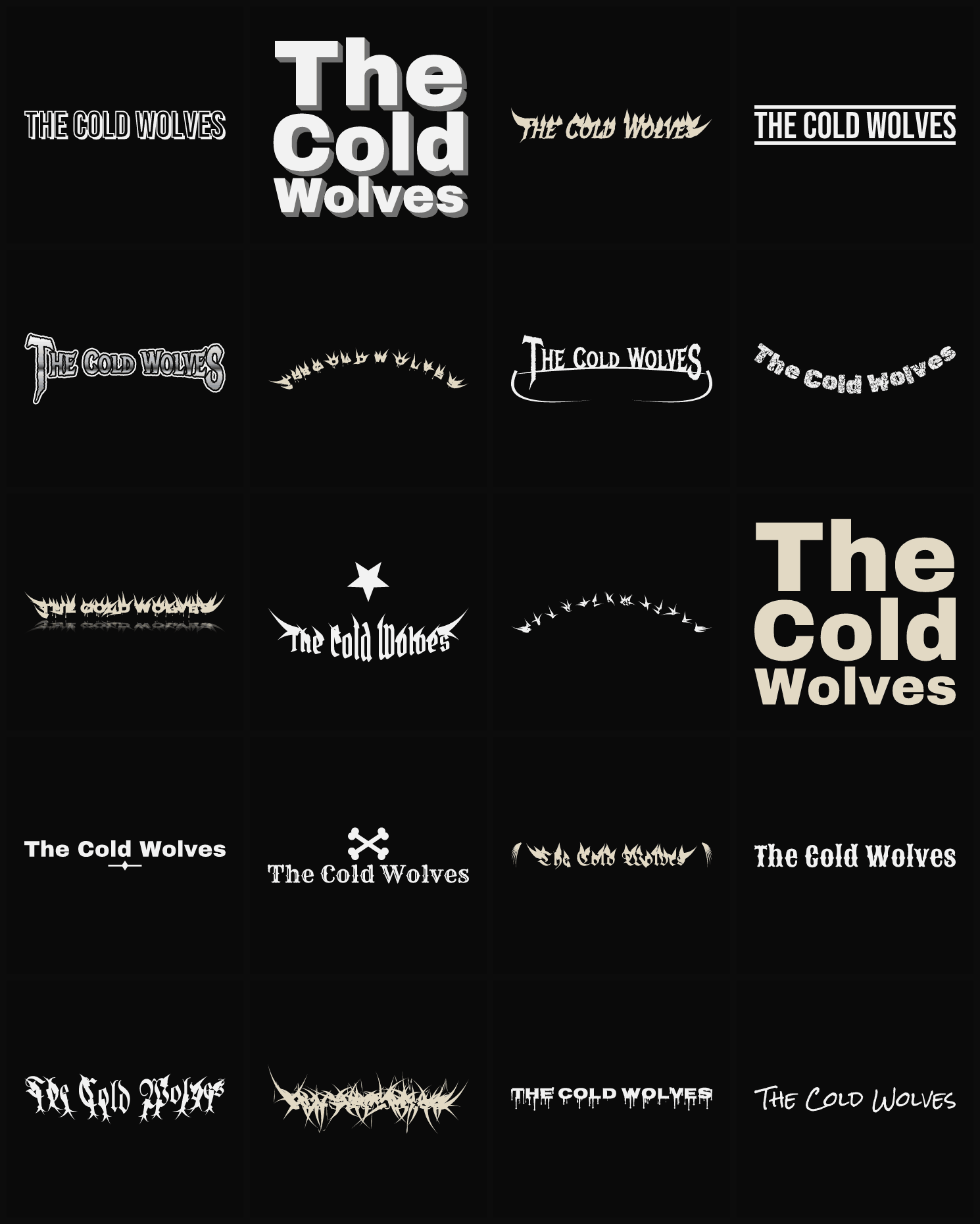 Twenty The Cold Wolves band logo ideas — different faces, treatments and spike settings