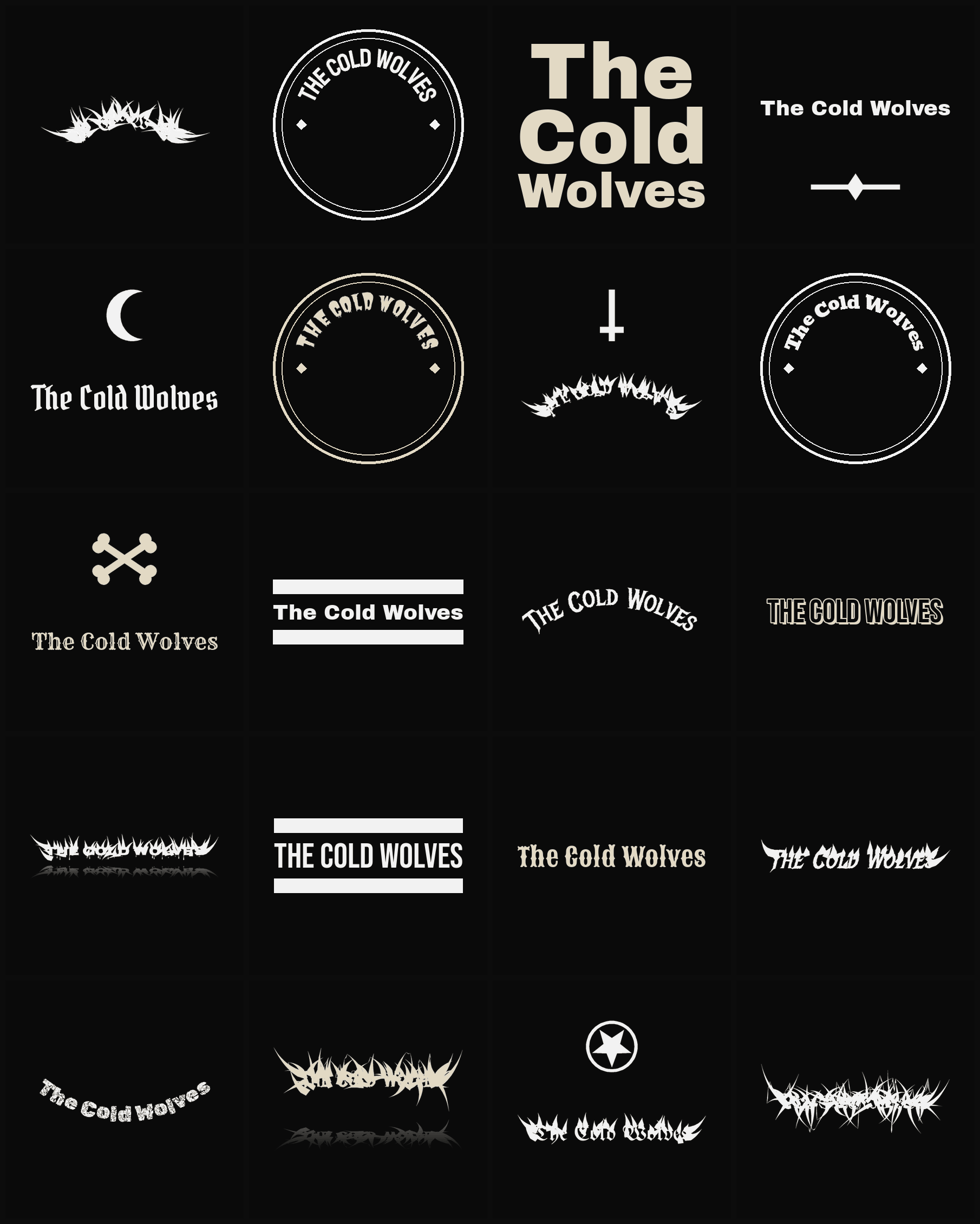 Twenty The Cold Wolves band logo ideas — different faces, treatments and spike settings