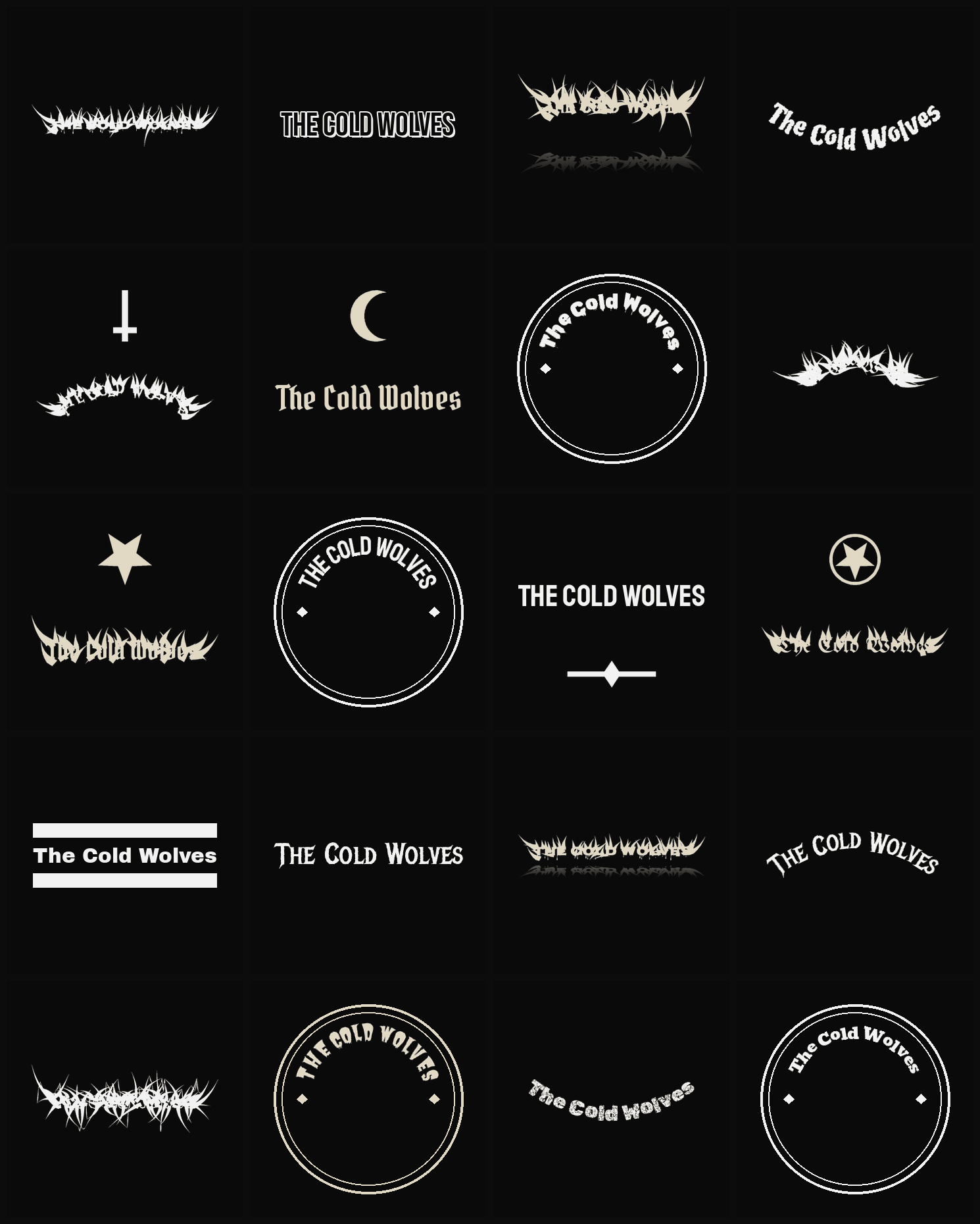 Twenty The Cold Wolves band logo ideas — different faces, treatments and spike settings