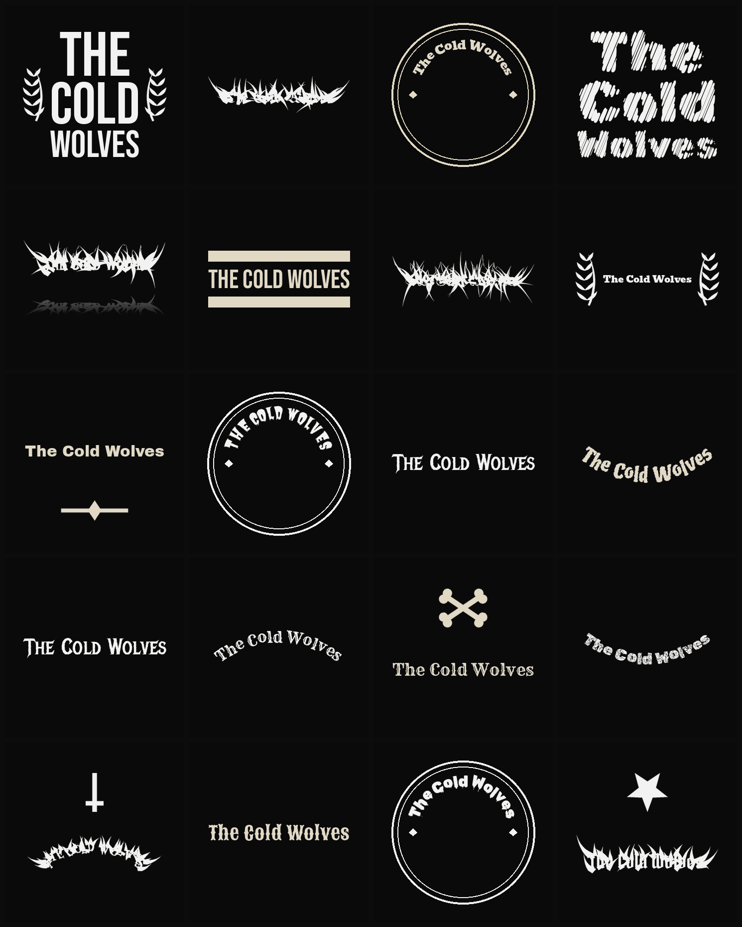 Twenty The Cold Wolves band logo ideas — different faces, treatments and spike settings
