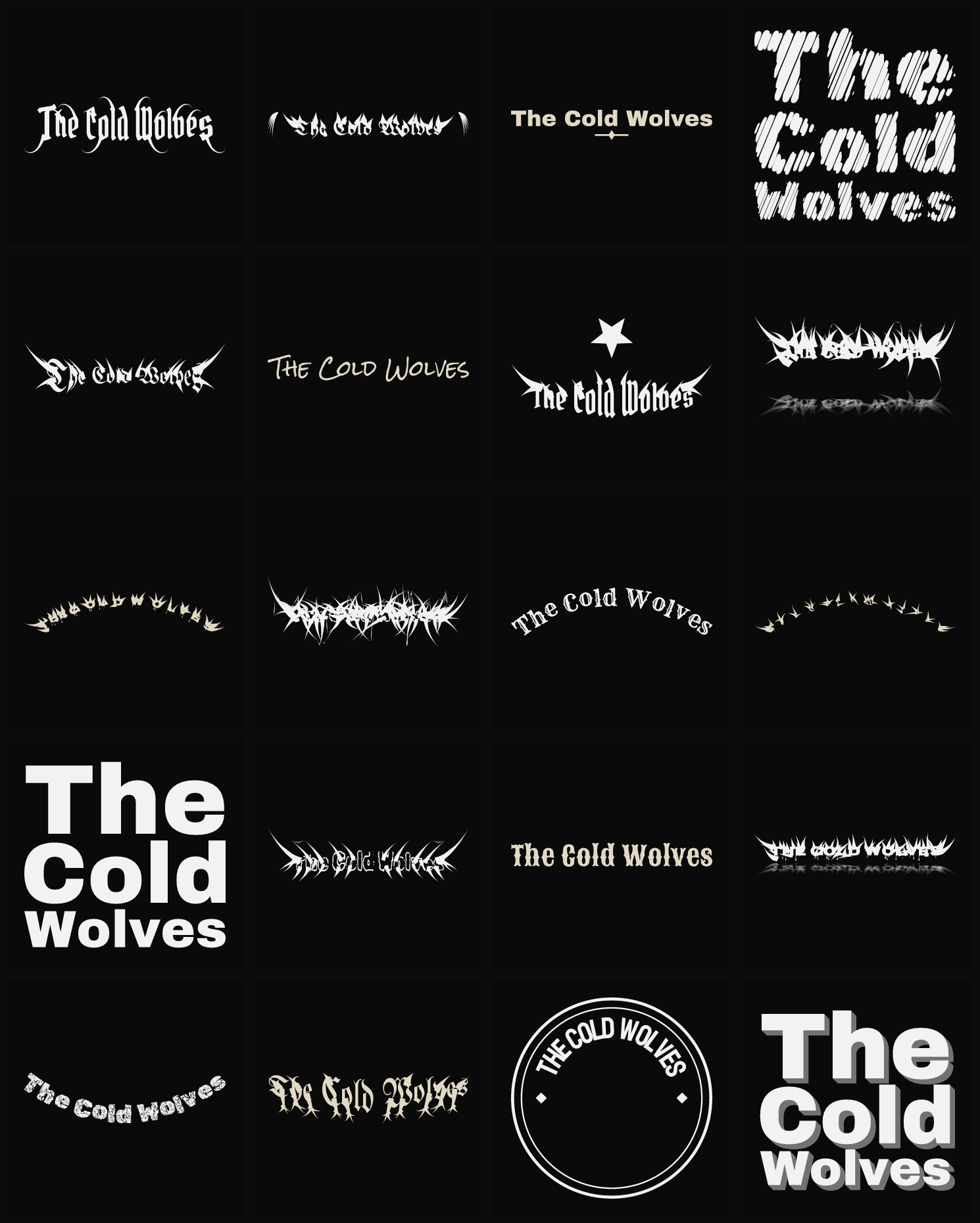 Twenty The Cold Wolves band logo ideas — different faces, treatments and spike settings