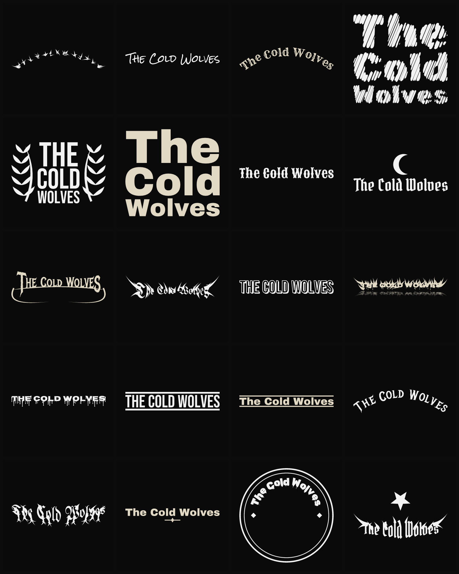 Twenty The Cold Wolves band logo ideas — different faces, treatments and spike settings