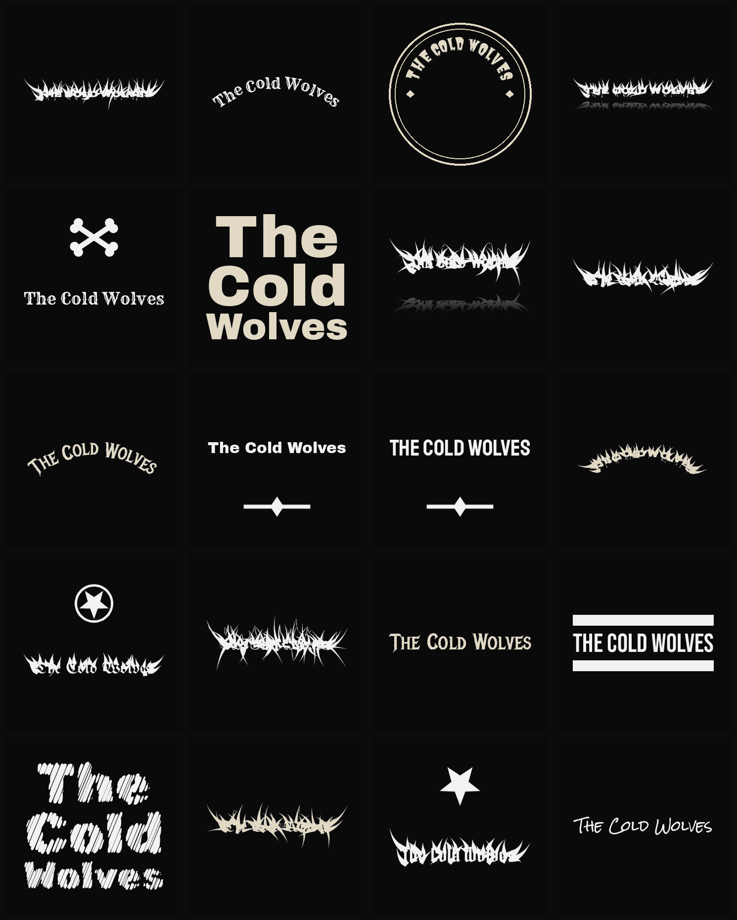 Twenty The Cold Wolves band logo ideas — different faces, treatments and spike settings