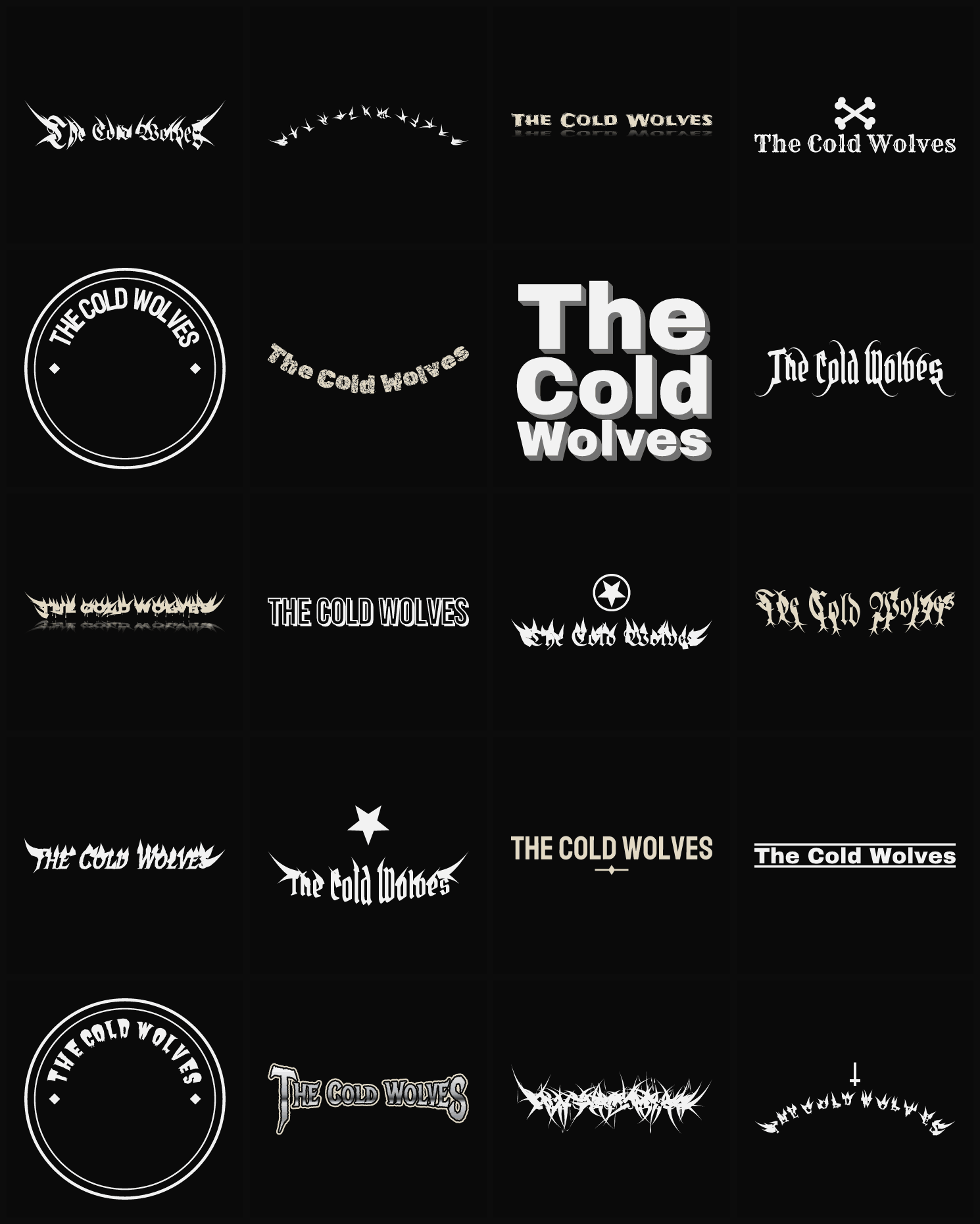 Twenty The Cold Wolves band logo ideas — different faces, treatments and spike settings