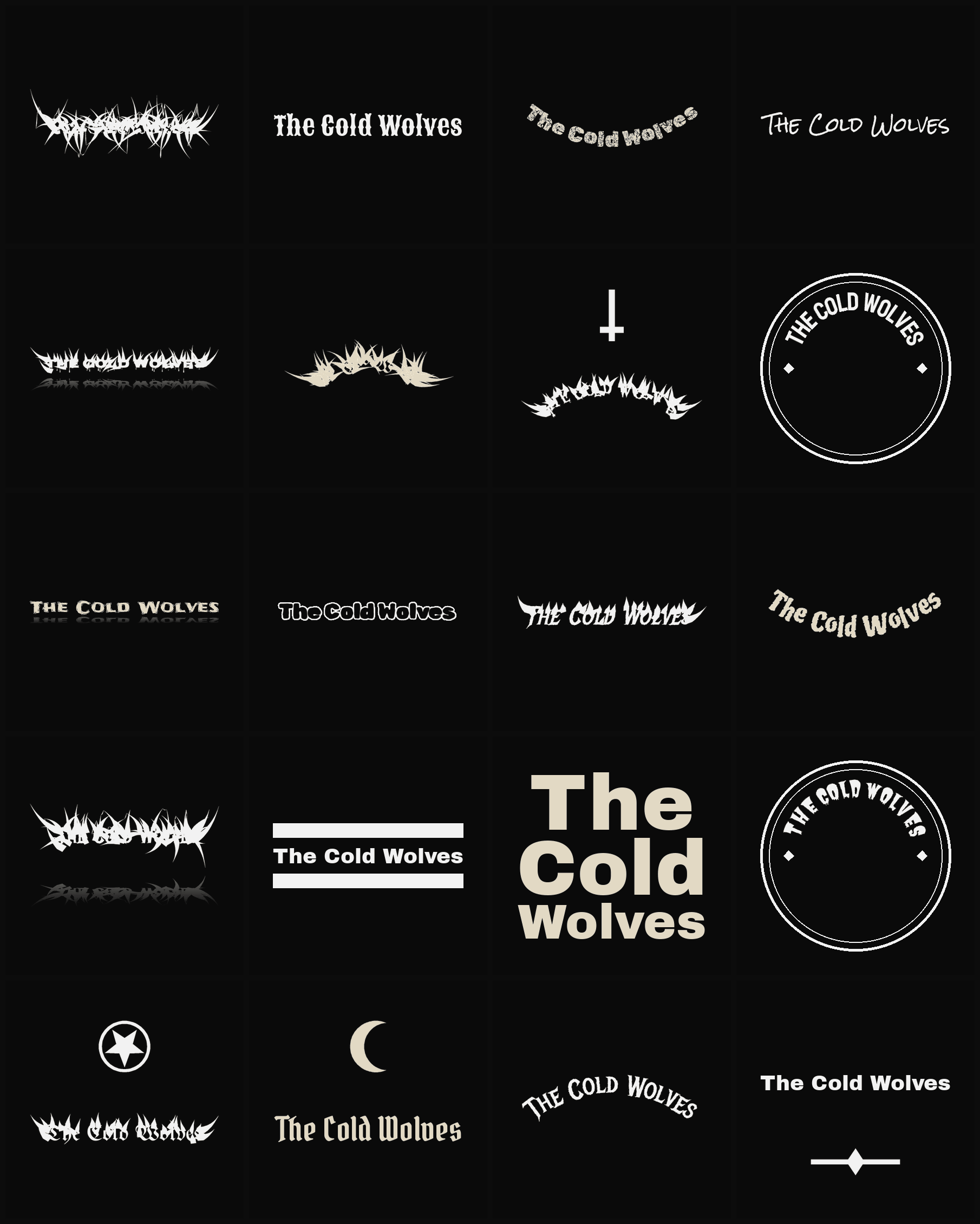 Twenty The Cold Wolves band logo ideas — different faces, treatments and spike settings