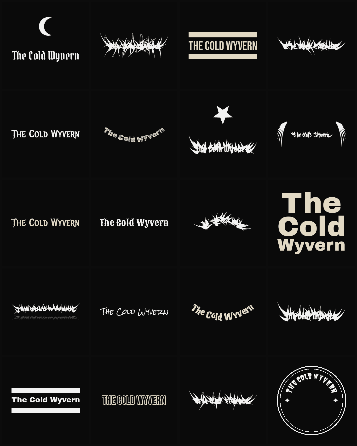 Twenty The Cold Wyvern band logo ideas — different faces, treatments and spike settings