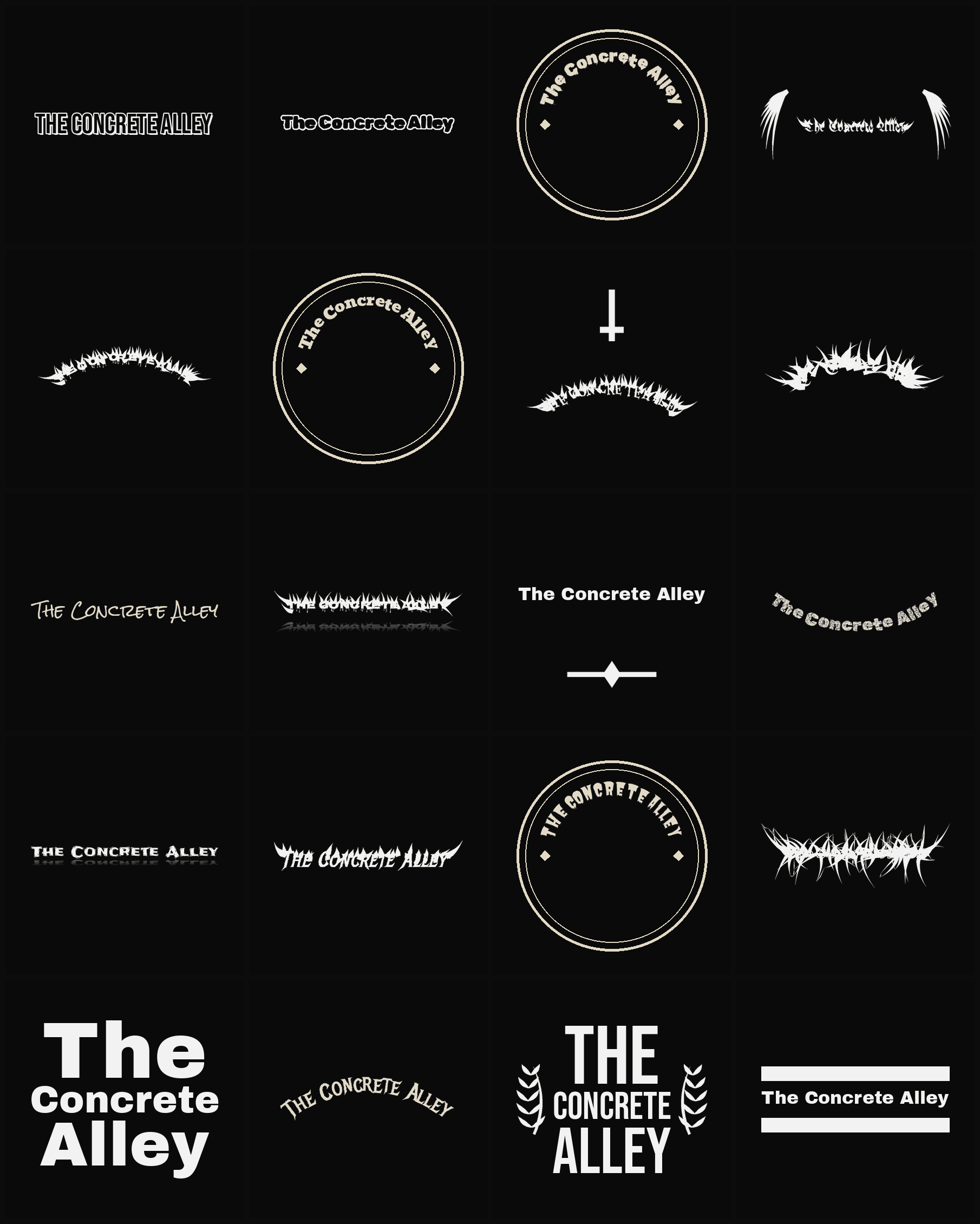 Twenty The Concrete Alley band logo ideas — different faces, treatments and spike settings