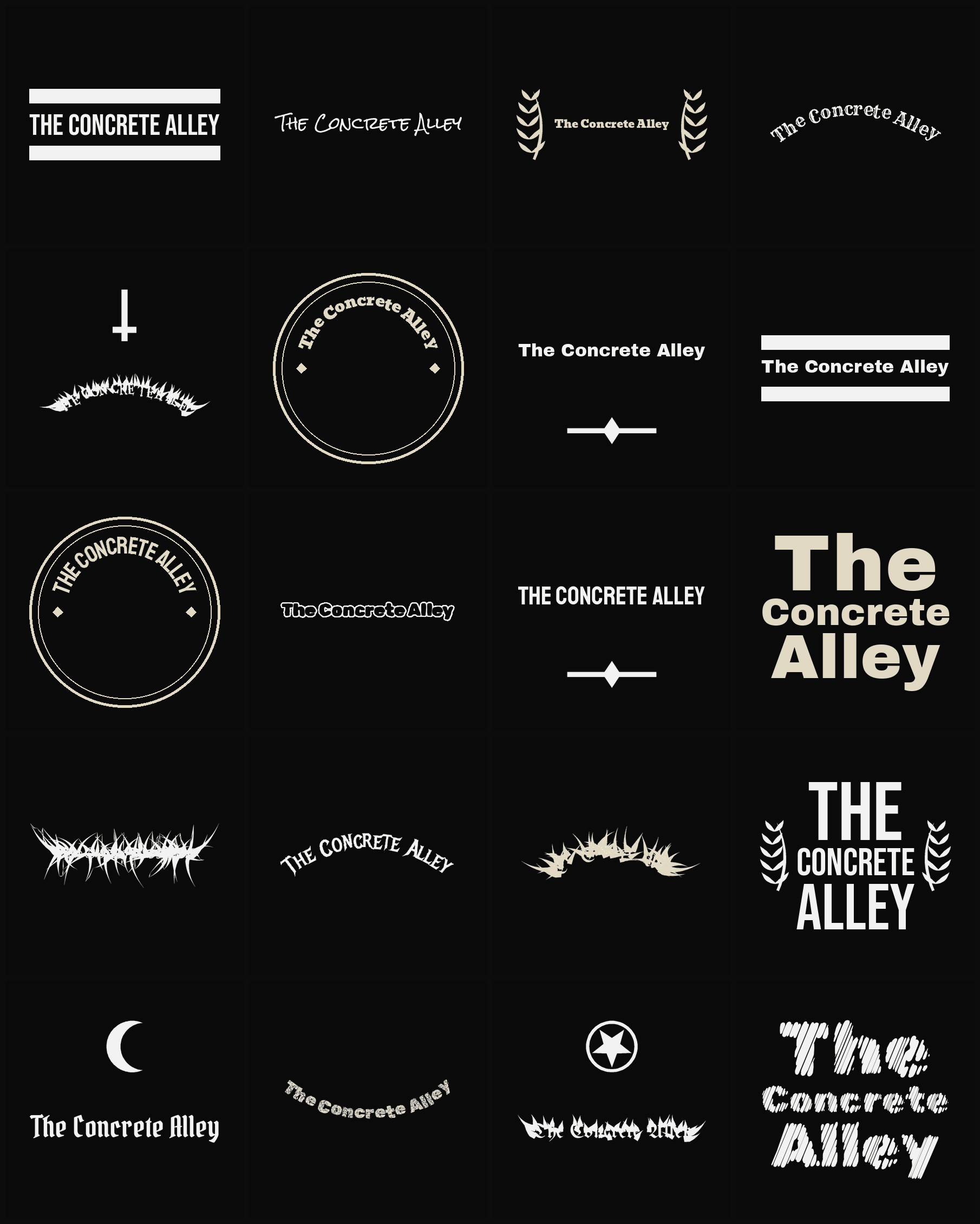 Twenty The Concrete Alley band logo ideas — different faces, treatments and spike settings
