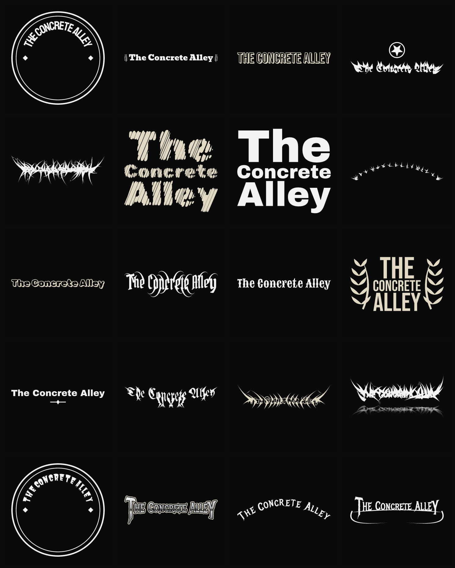 Twenty The Concrete Alley band logo ideas — different faces, treatments and spike settings
