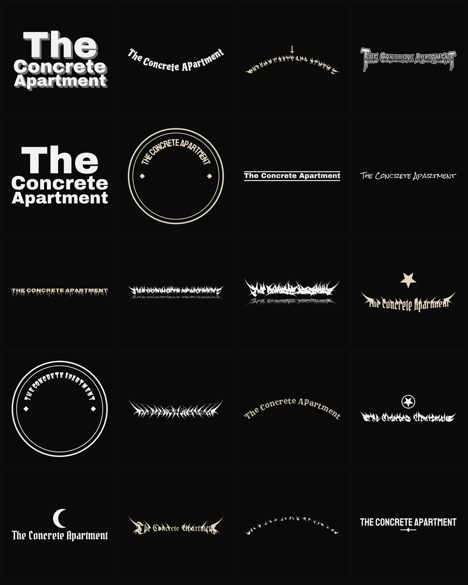 Twenty The Concrete Apartment band logo ideas — different faces, treatments and spike settings