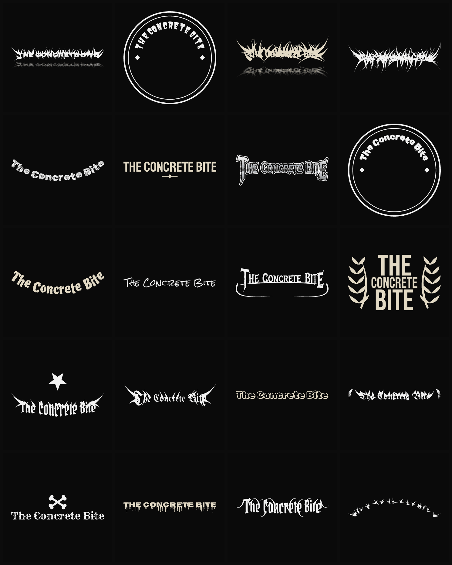 Twenty The Concrete Bite band logo ideas — different faces, treatments and spike settings