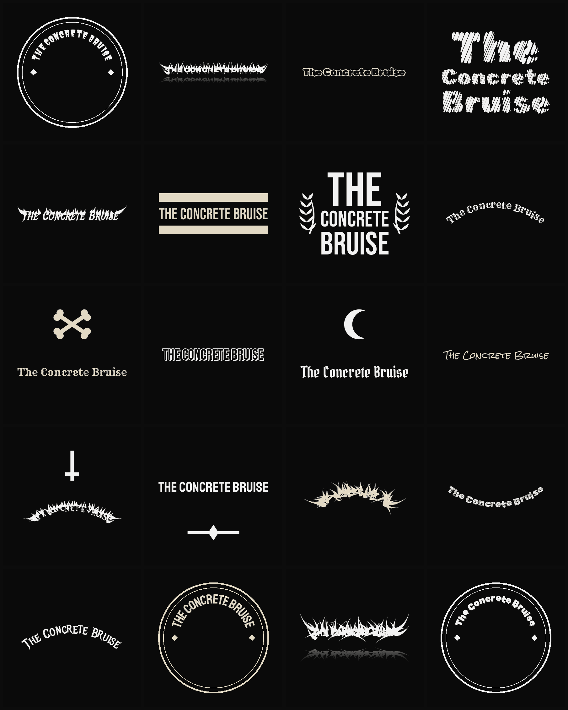 Twenty The Concrete Bruise band logo ideas — different faces, treatments and spike settings