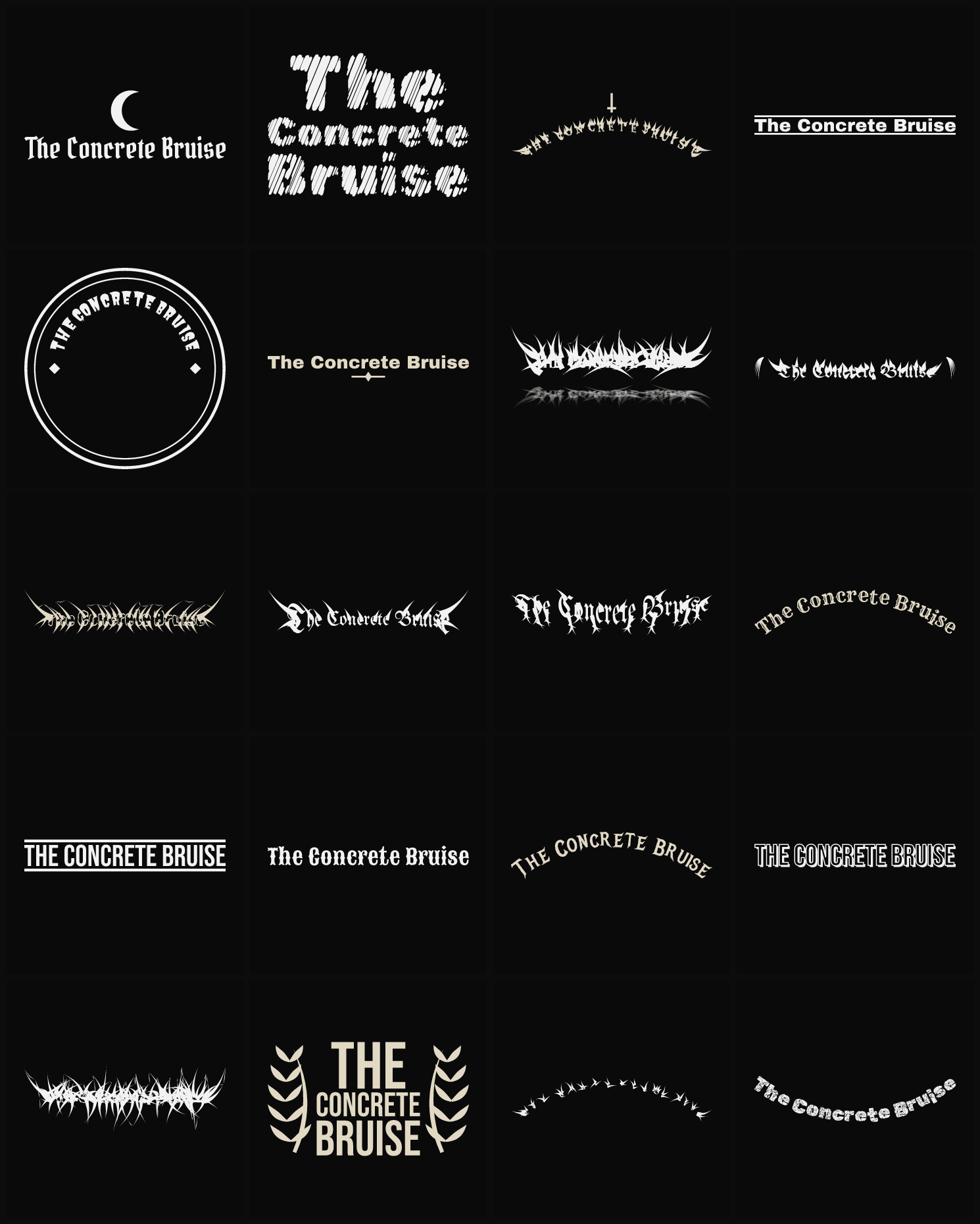 Twenty The Concrete Bruise band logo ideas — different faces, treatments and spike settings