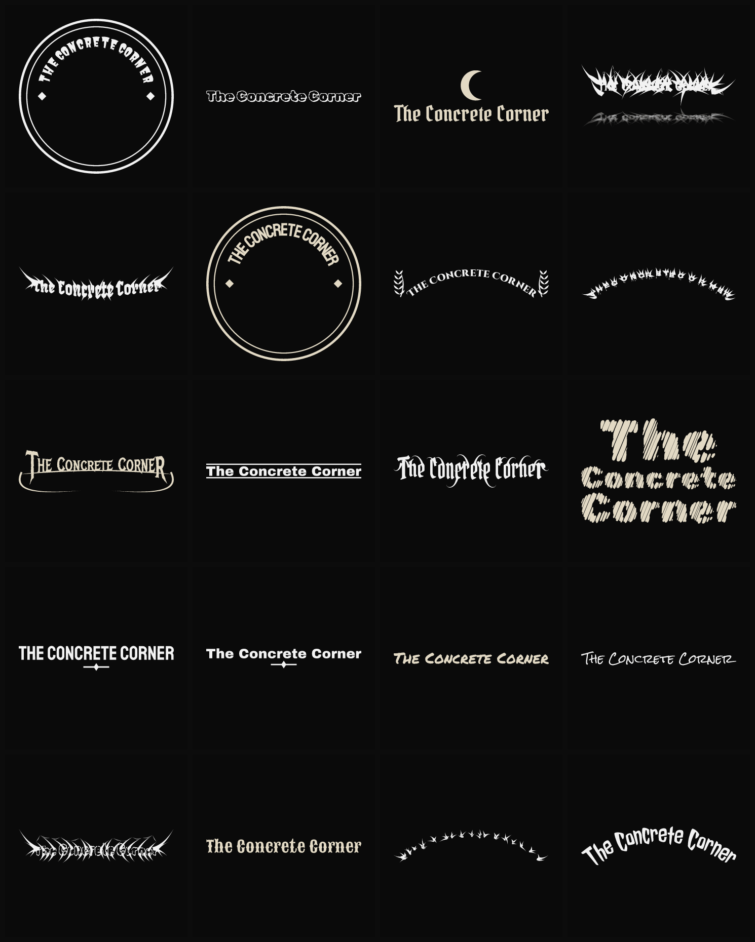 Twenty The Concrete Corner band logo ideas — different faces, treatments and spike settings