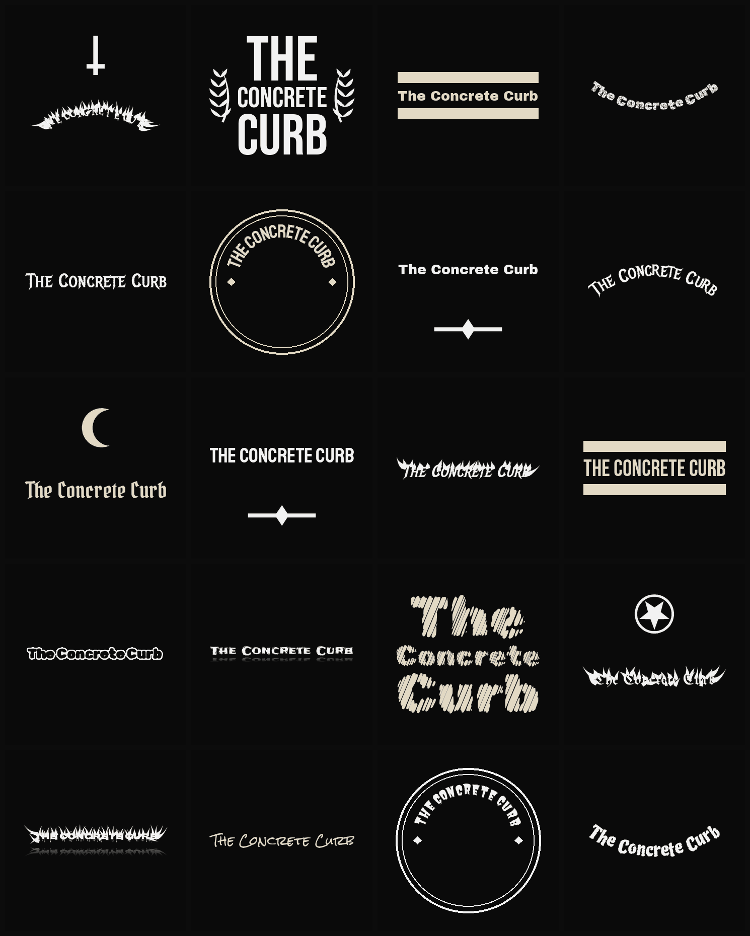 Twenty The Concrete Curb band logo ideas — different faces, treatments and spike settings