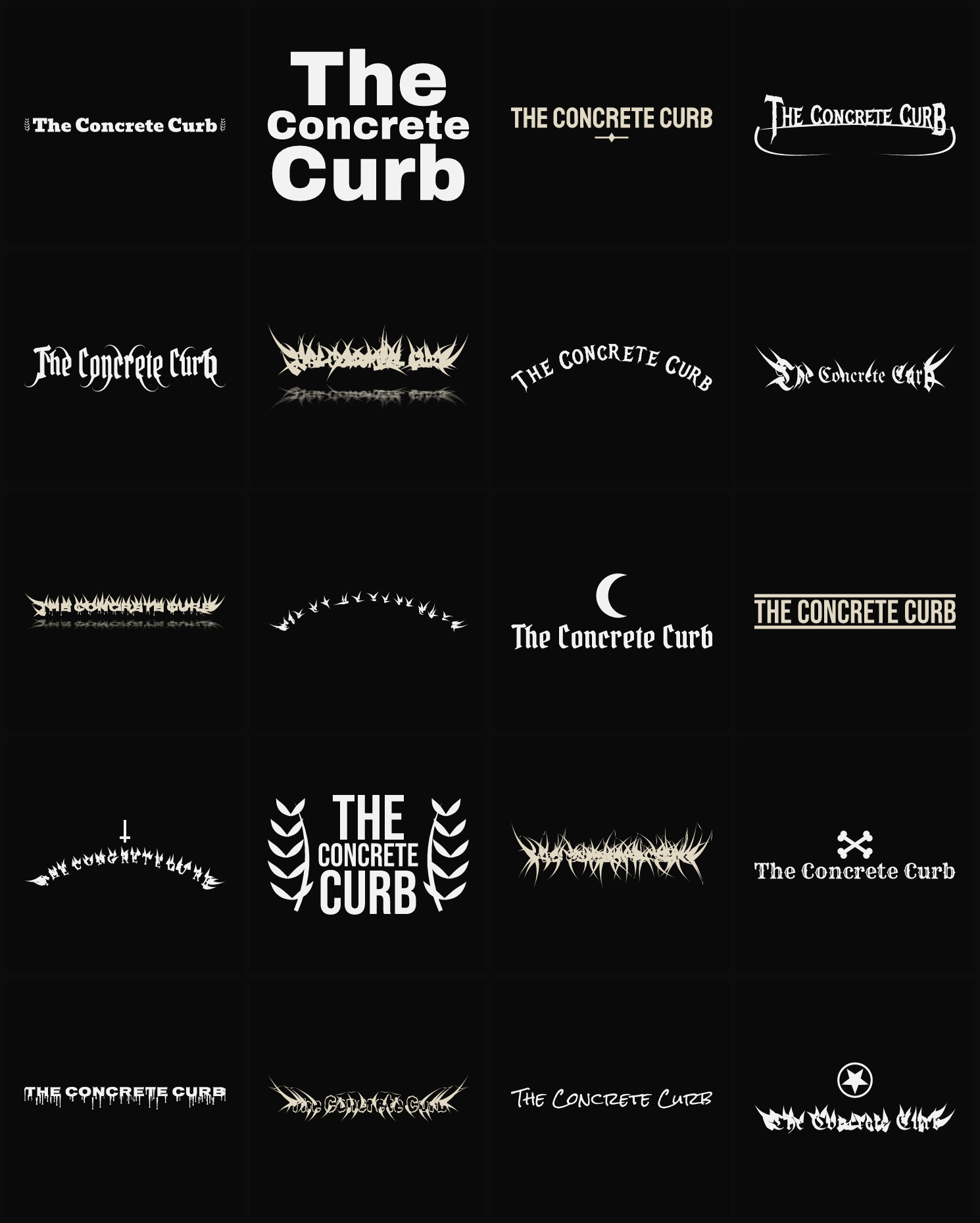 Twenty The Concrete Curb band logo ideas — different faces, treatments and spike settings