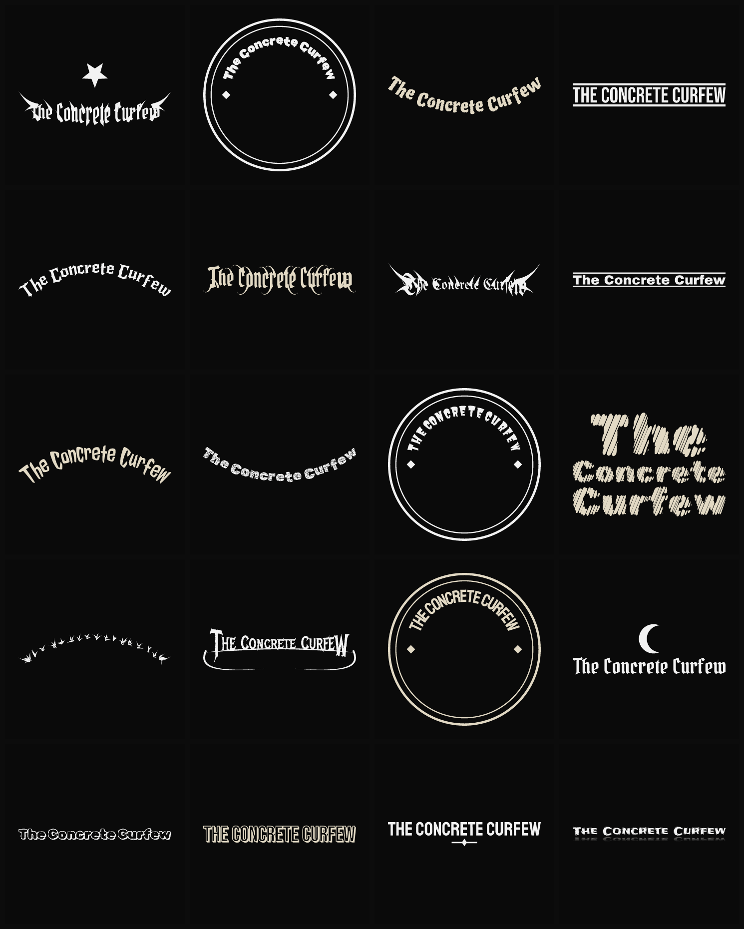 Twenty The Concrete Curfew band logo ideas — different faces, treatments and spike settings