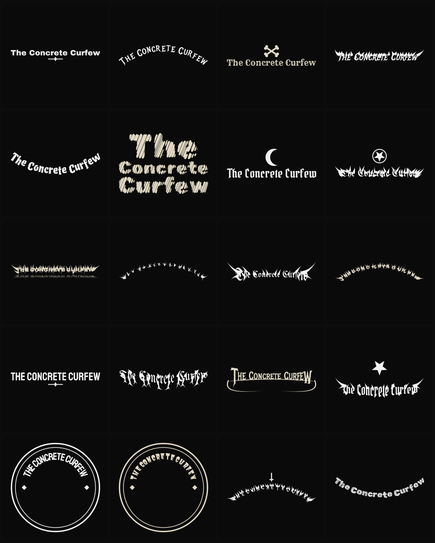 Twenty The Concrete Curfew band logo ideas — different faces, treatments and spike settings