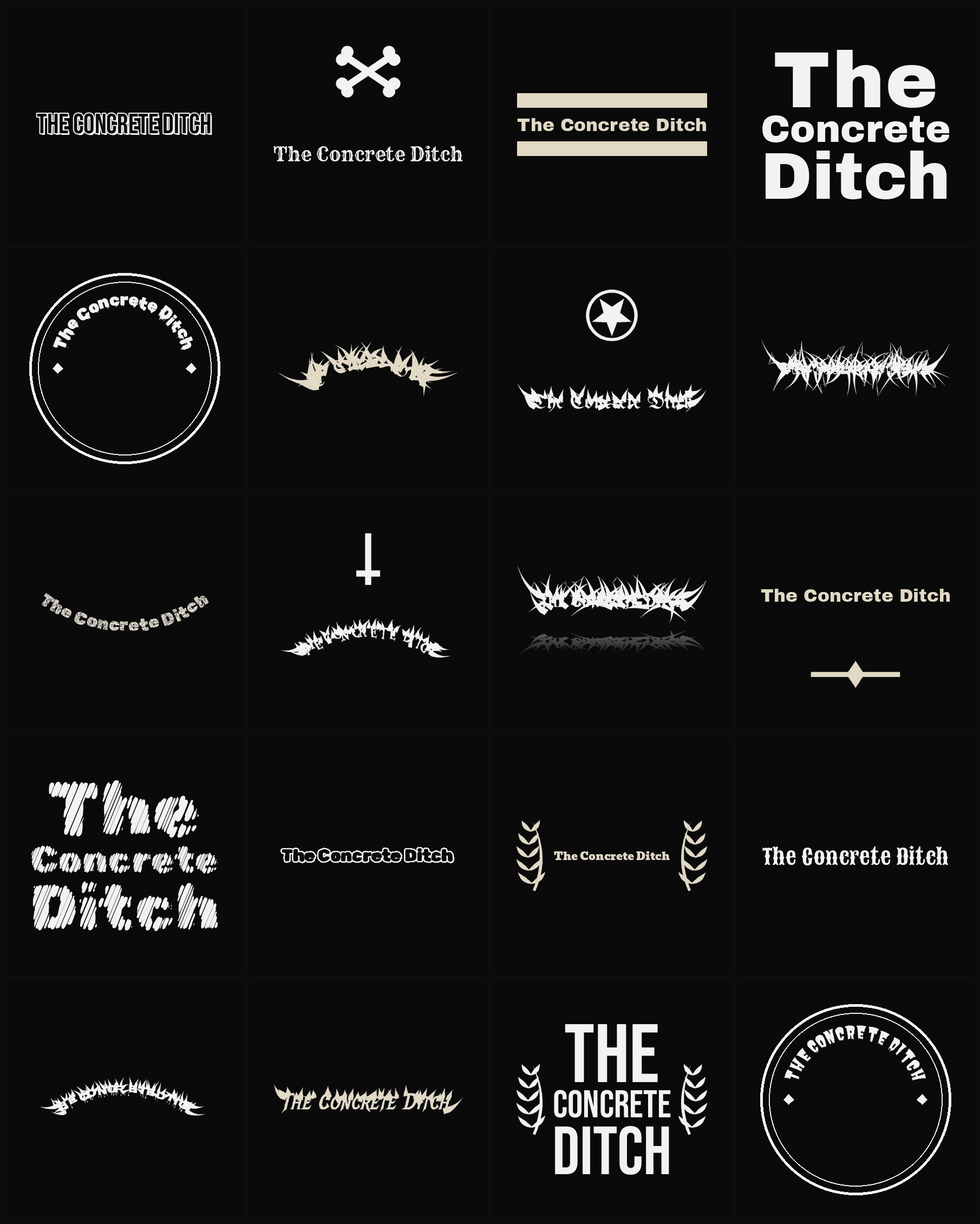 Twenty The Concrete Ditch band logo ideas — different faces, treatments and spike settings