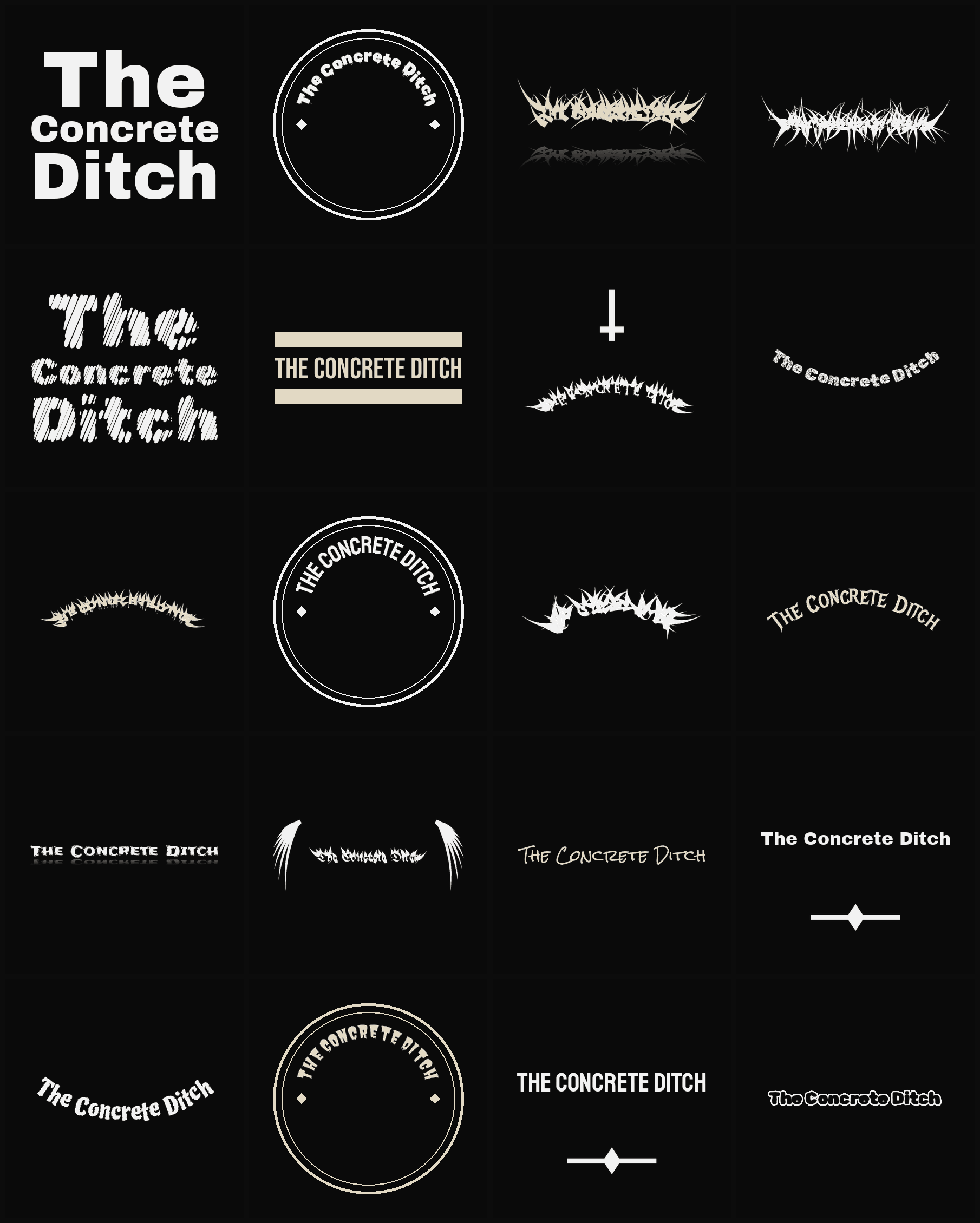 Twenty The Concrete Ditch band logo ideas — different faces, treatments and spike settings