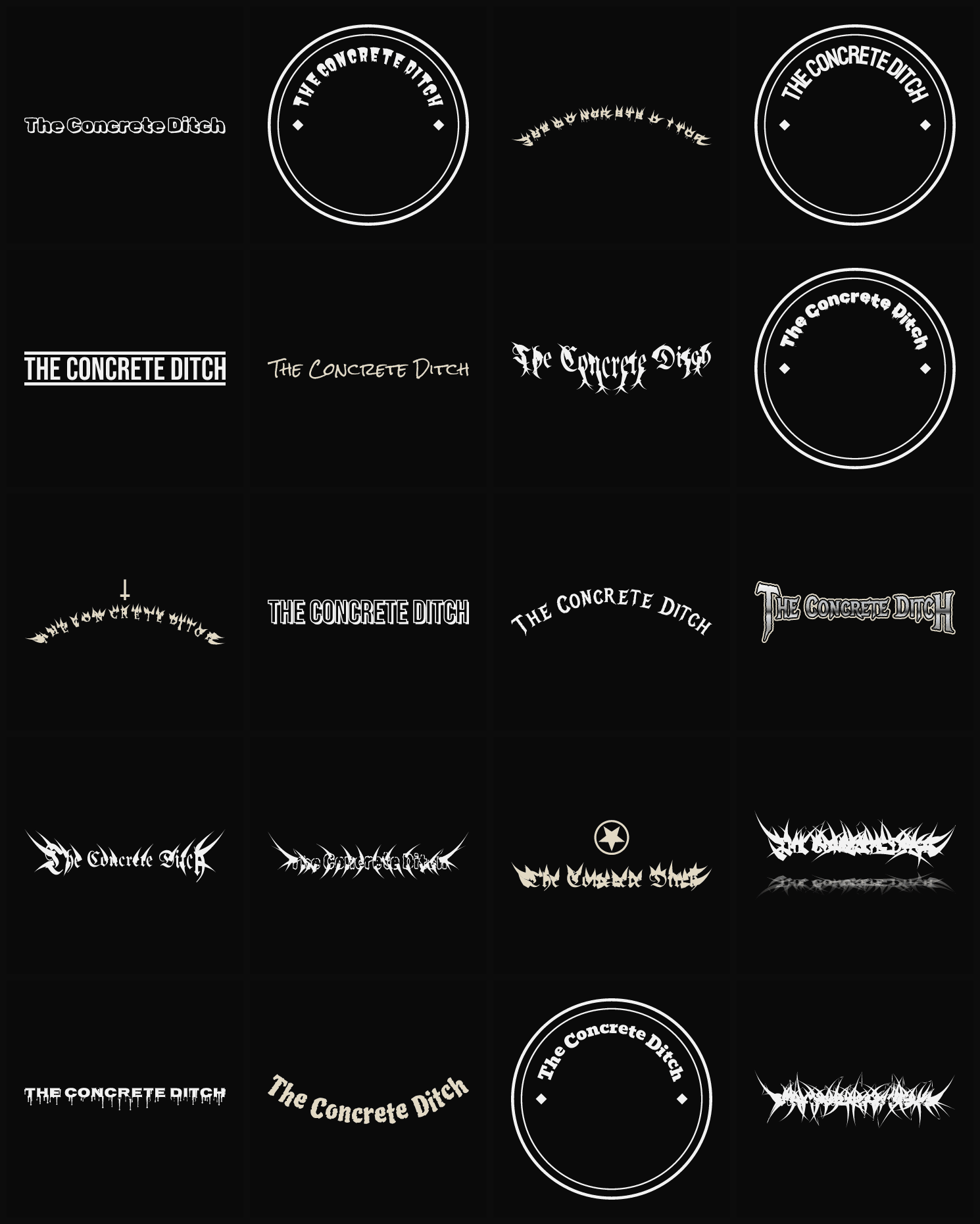 Twenty The Concrete Ditch band logo ideas — different faces, treatments and spike settings