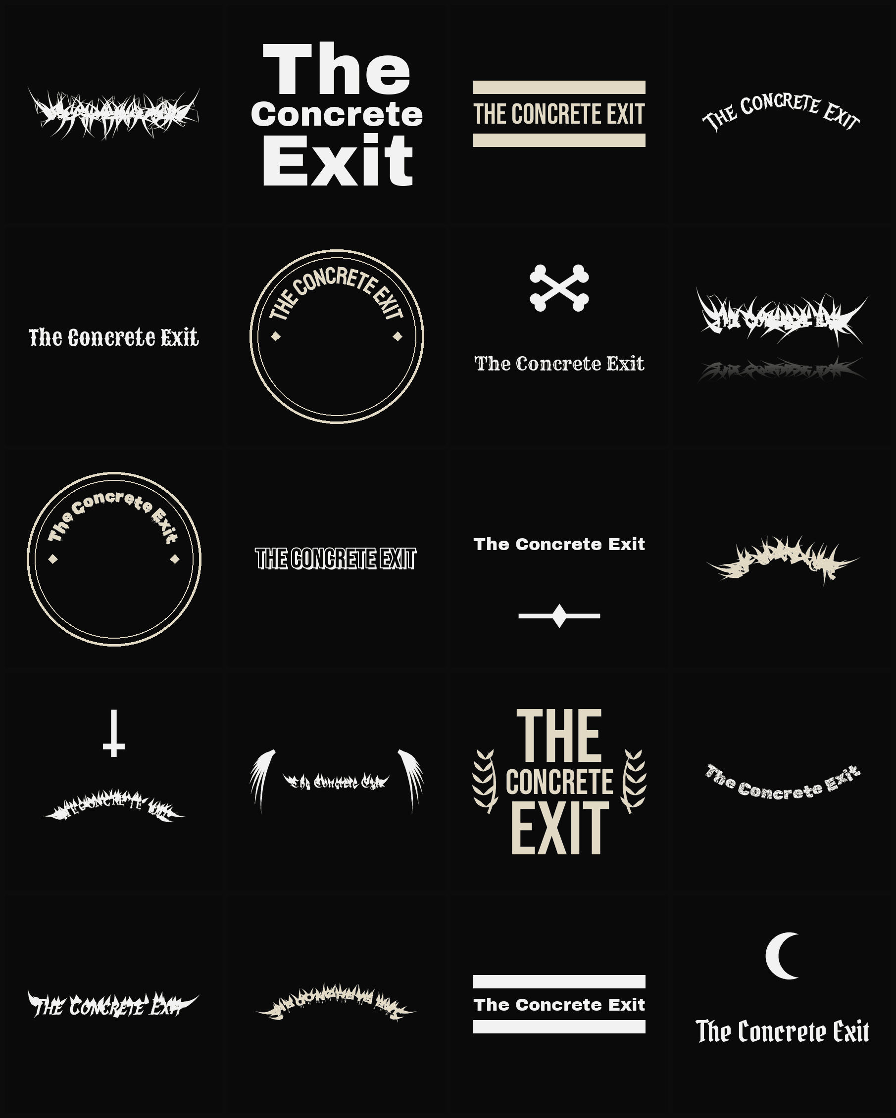 Twenty The Concrete Exit band logo ideas — different faces, treatments and spike settings