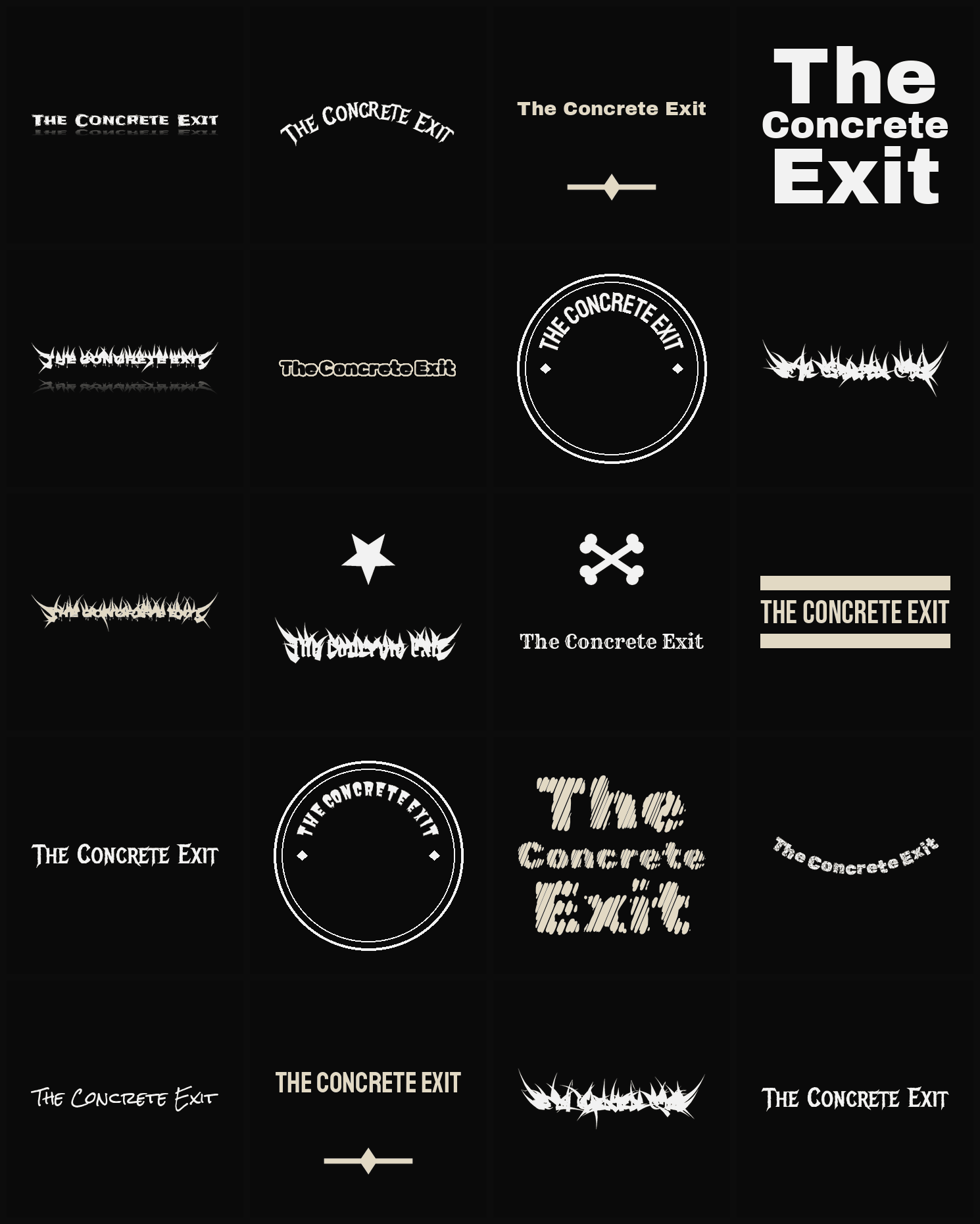 Twenty The Concrete Exit band logo ideas — different faces, treatments and spike settings