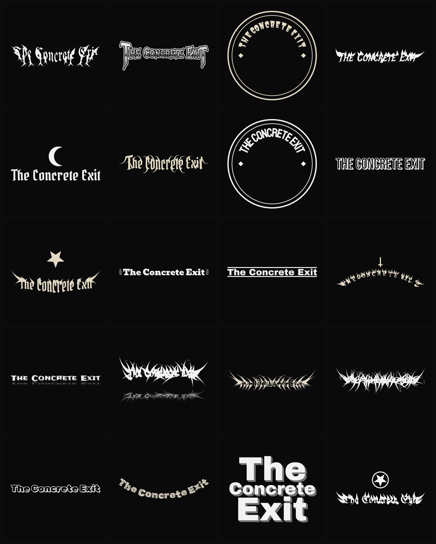 Twenty The Concrete Exit band logo ideas — different faces, treatments and spike settings