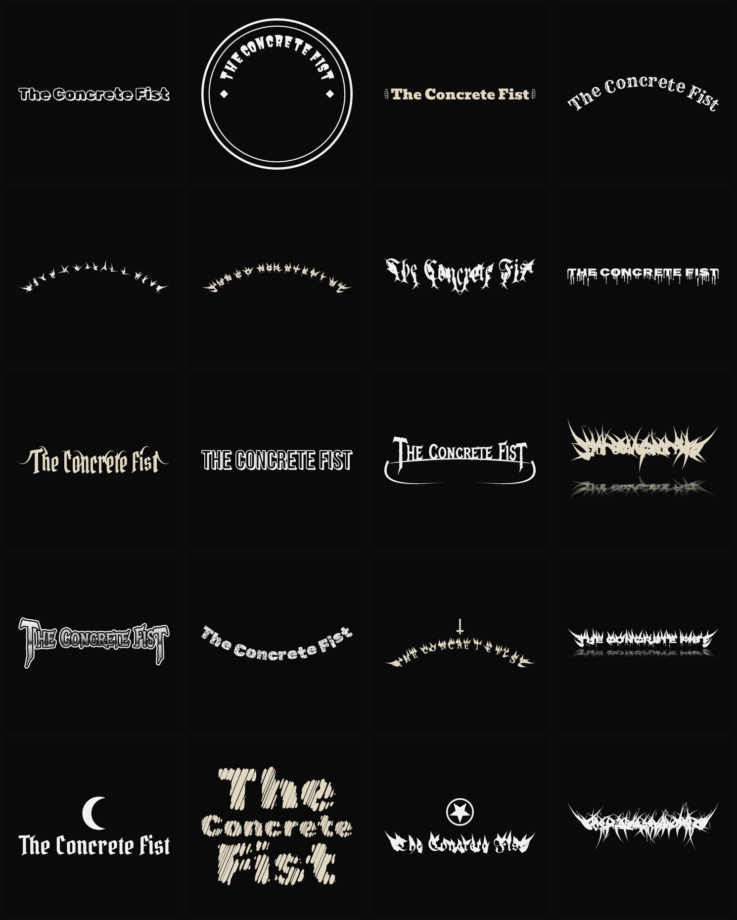 Twenty The Concrete Fist band logo ideas — different faces, treatments and spike settings