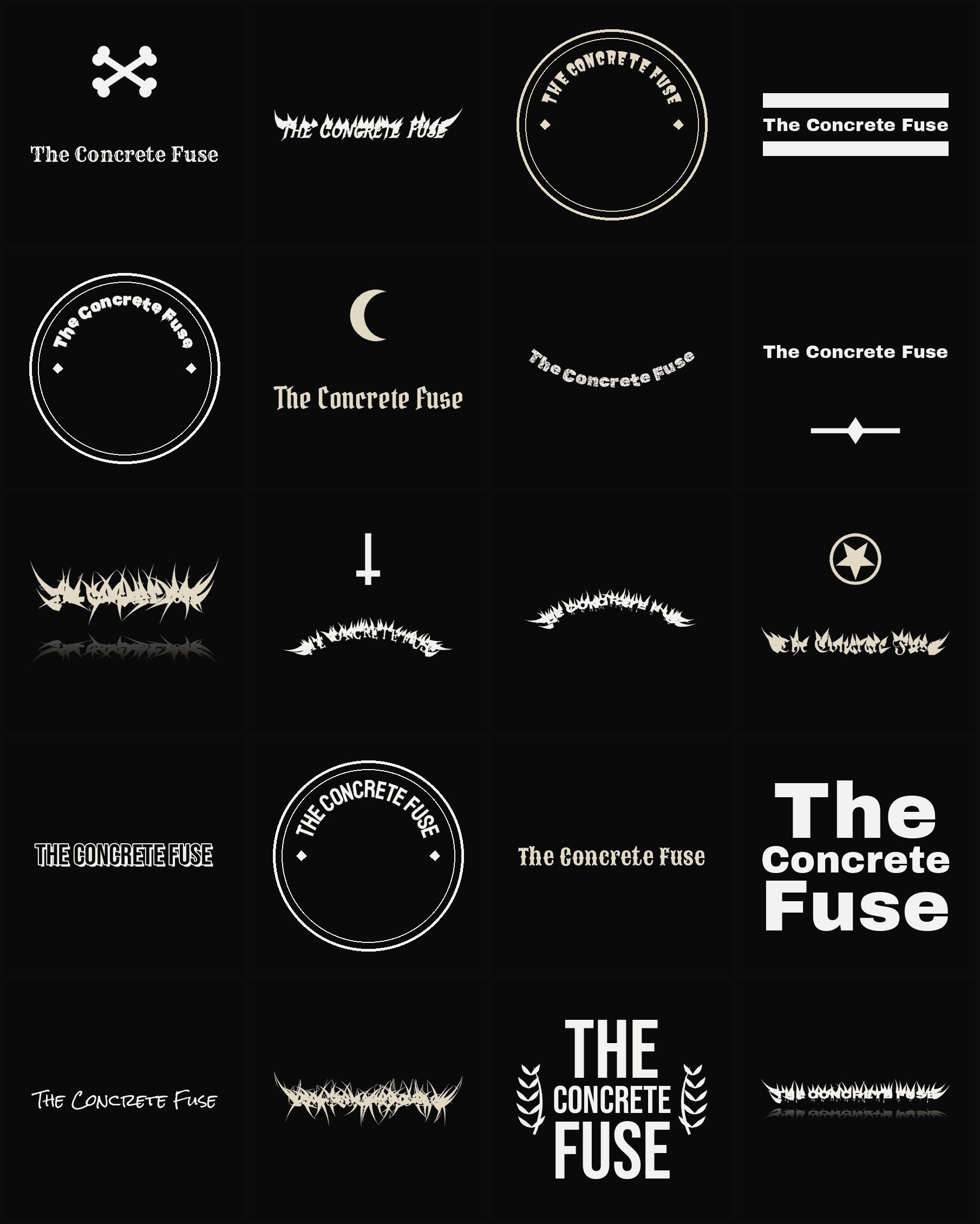 Twenty The Concrete Fuse band logo ideas — different faces, treatments and spike settings