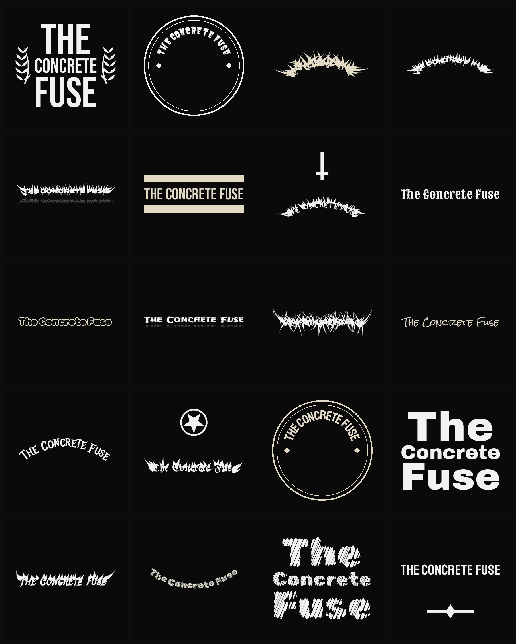 Twenty The Concrete Fuse band logo ideas — different faces, treatments and spike settings