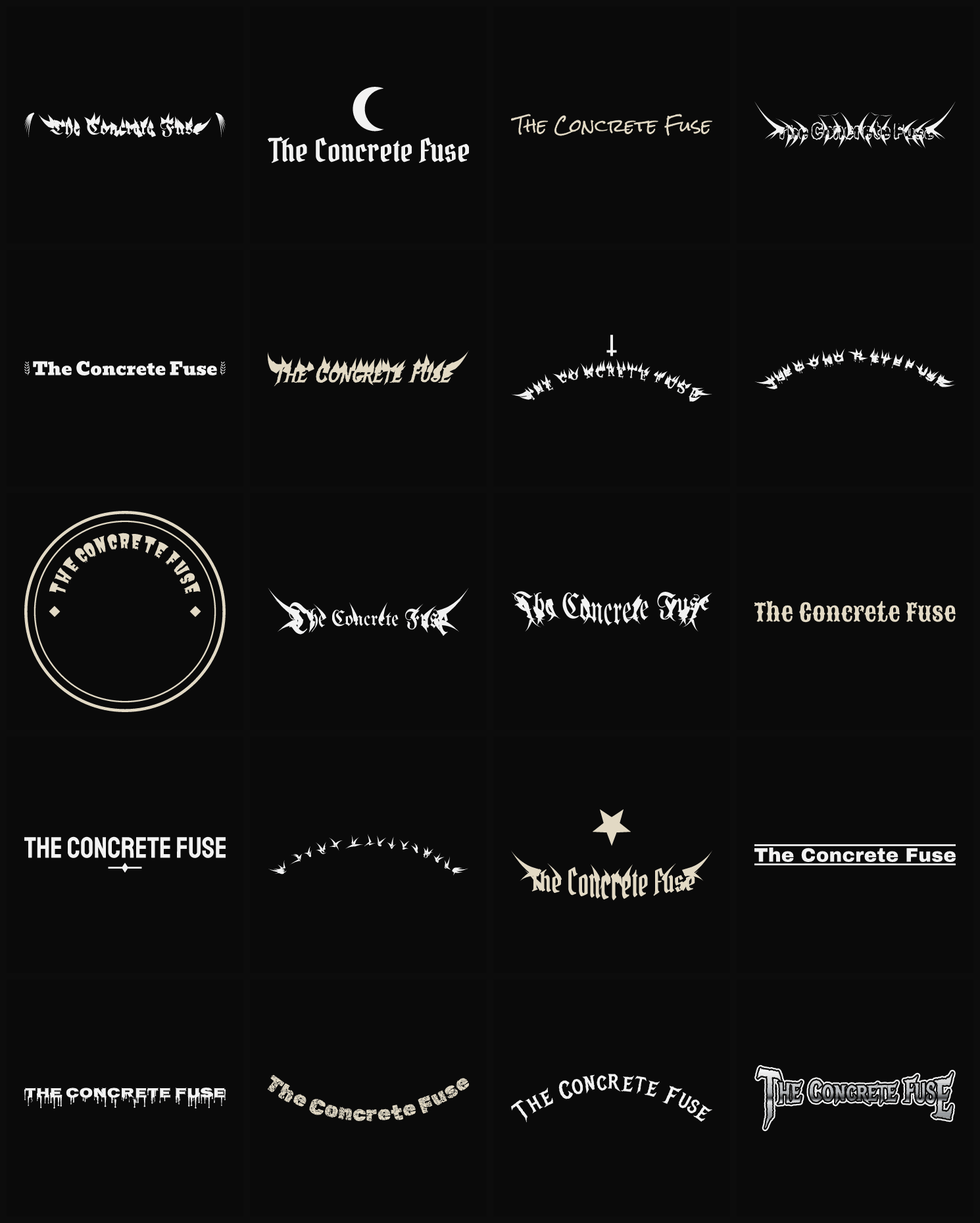 Twenty The Concrete Fuse band logo ideas — different faces, treatments and spike settings