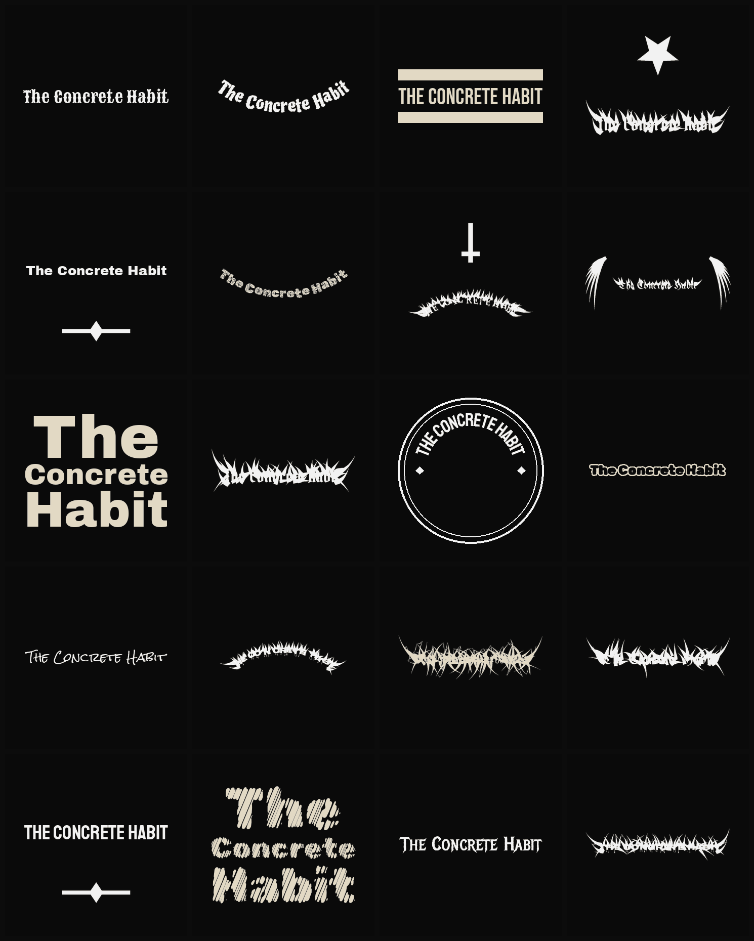 Twenty The Concrete Habit band logo ideas — different faces, treatments and spike settings