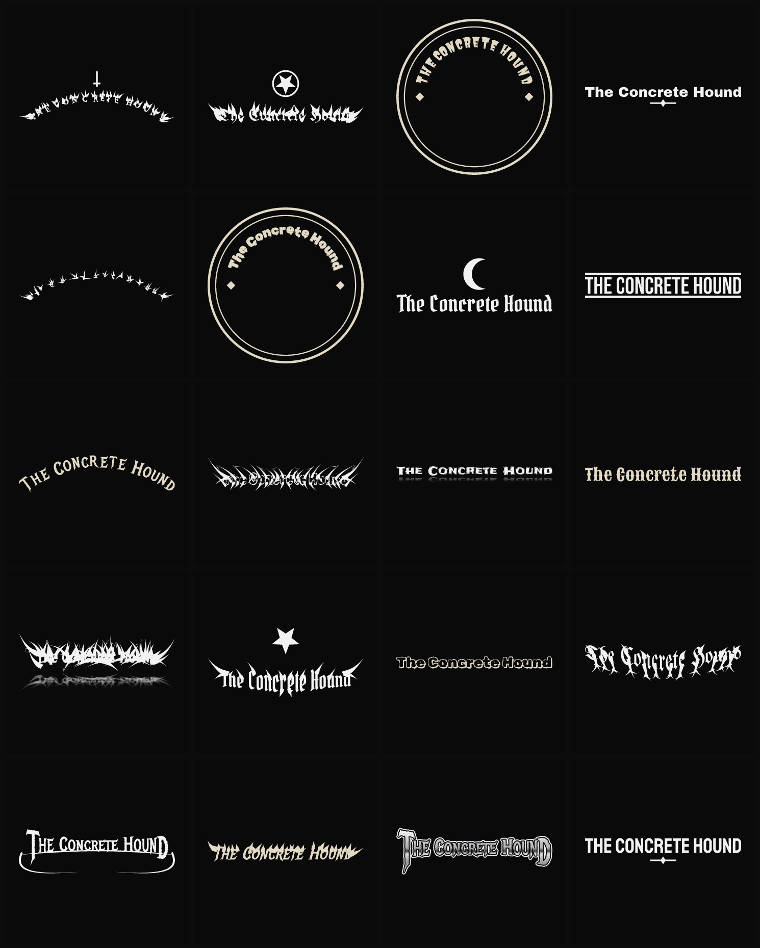 Twenty The Concrete Hound band logo ideas — different faces, treatments and spike settings