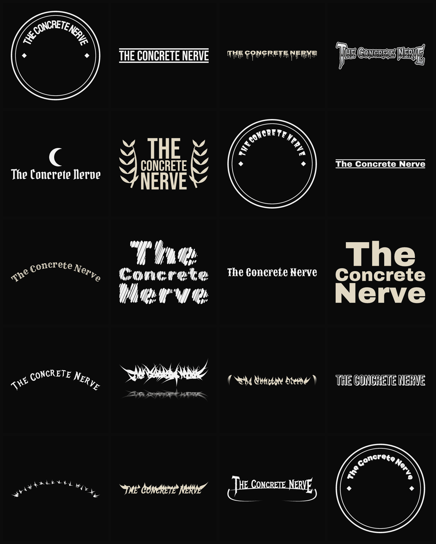 Twenty The Concrete Nerve band logo ideas — different faces, treatments and spike settings