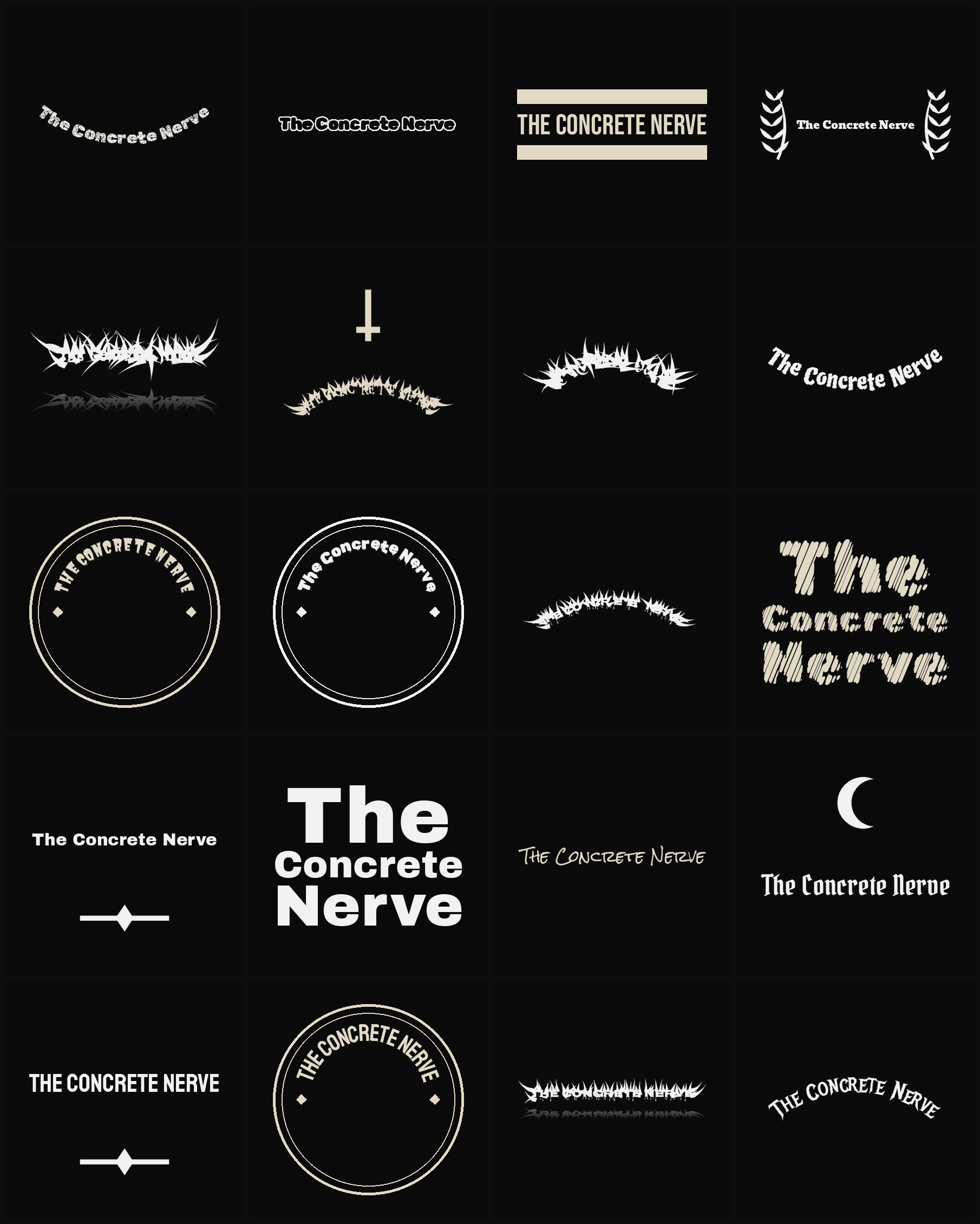 Twenty The Concrete Nerve band logo ideas — different faces, treatments and spike settings